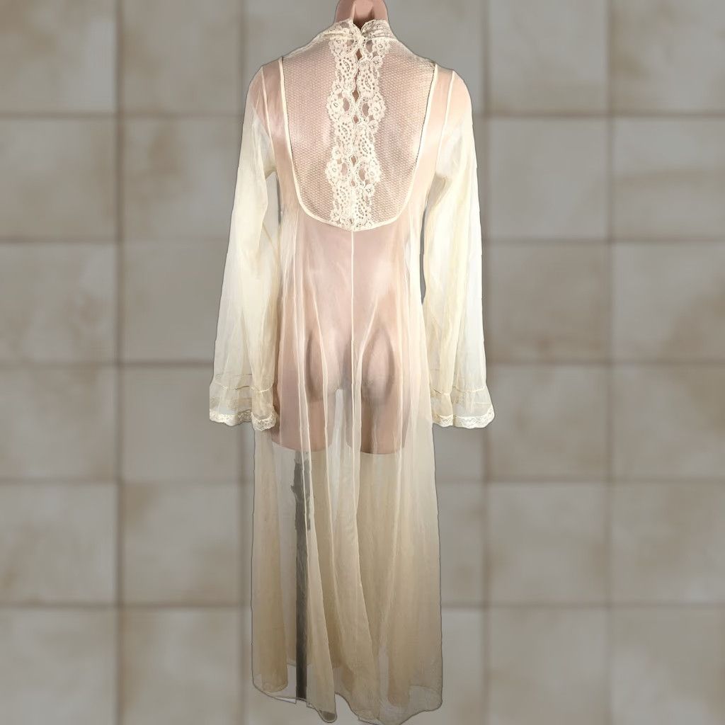 VINTAGE Glydons 1960s peignoir negligee Hollywood gown sheer robe Petite S beige Nylon PP Womens