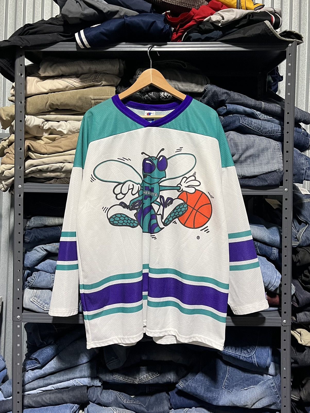 image of Crazy Vintage Charlotte Hornets Hockey Jersey Nba Champion in White, Men's (Size Large)