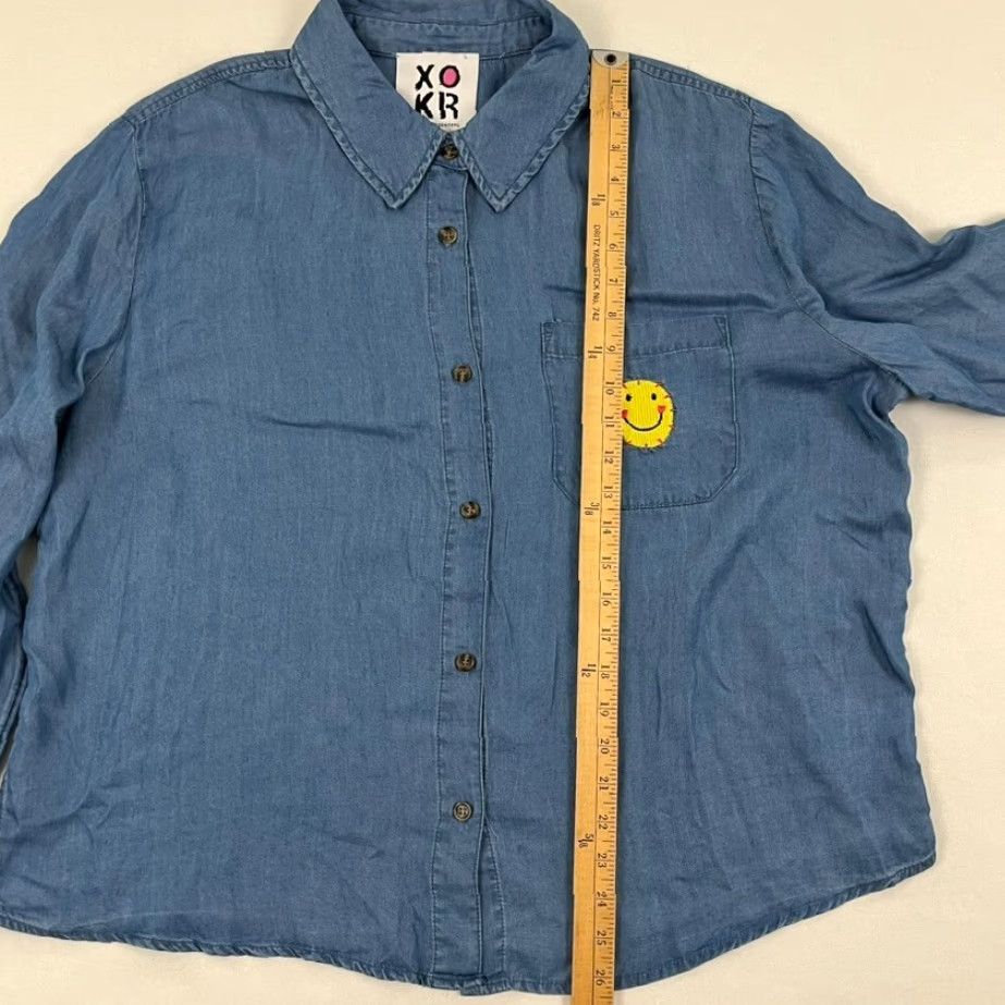 Kerri Rosenthal Button Up Shirt Womens XL Blue Happiness is a Frame of Mind