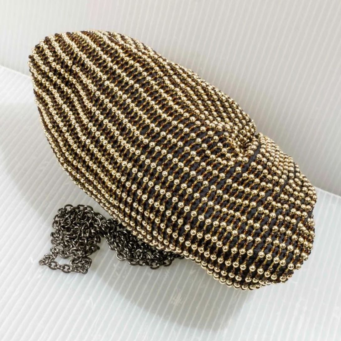 Vintage Santi Gold Beaded Bag with Chain Handle Crossbody Women's Gold Satin Interior India Adjustable Size ONE SIZE - 3 Thumbnail