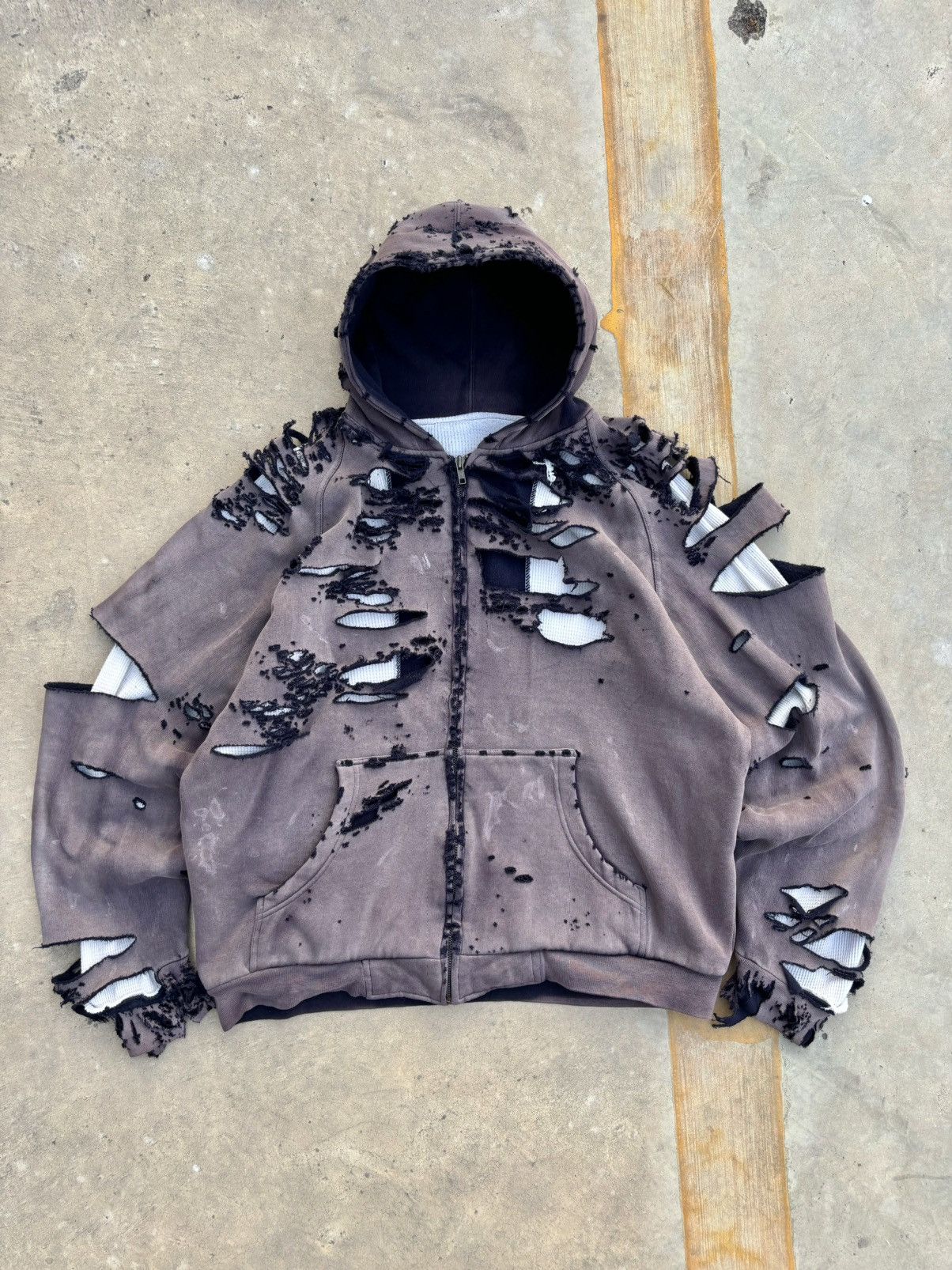 Vintage BOXY THRASHED THERMAL WAFFLE ZIP HOODIE Size US XL / EU 56 / 4 - 21 Thumbnail
