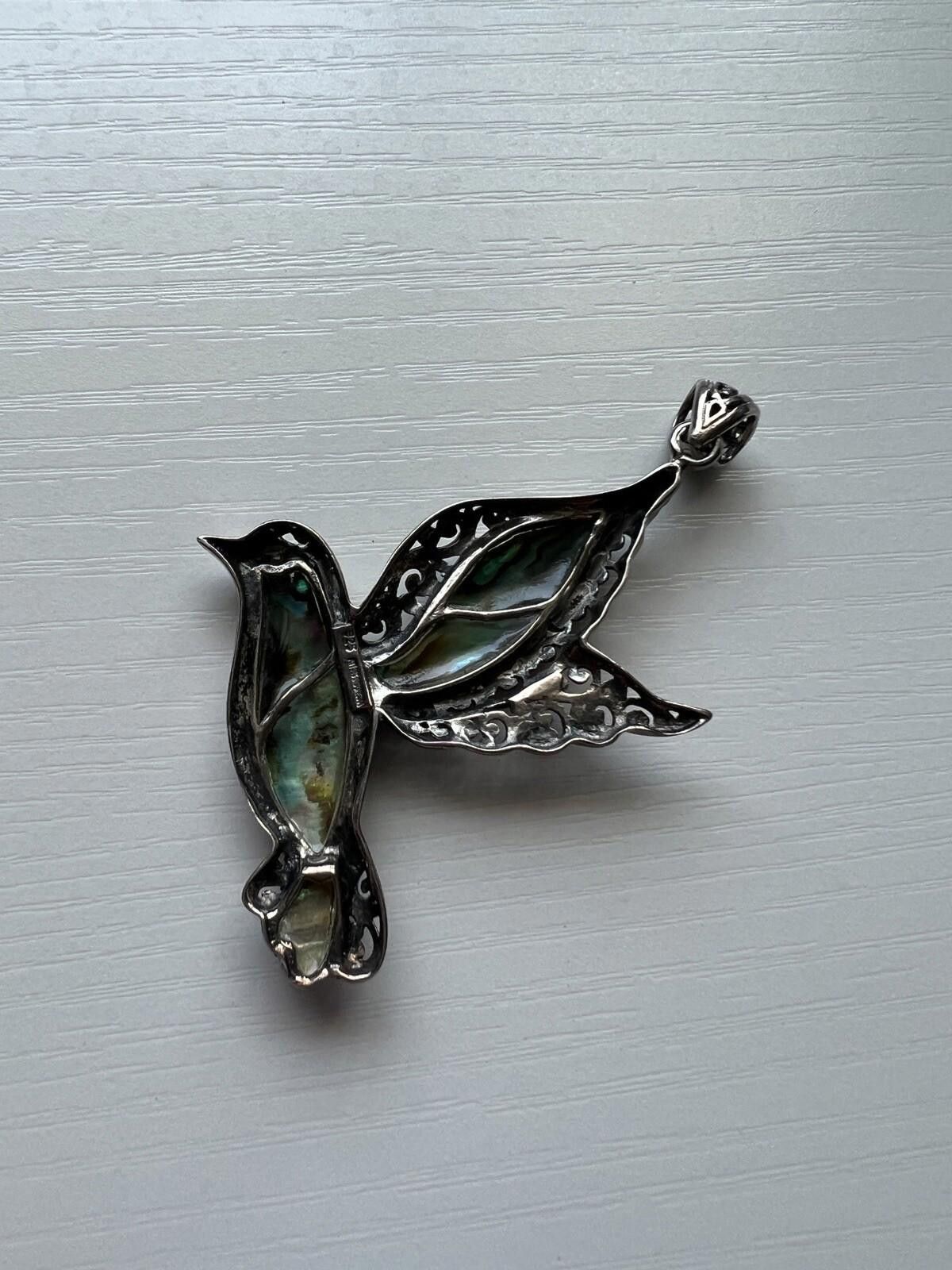 Designer VTG Sterling Abalone Paua Shell Hummingbird Necklace Pendant Size ONE SIZE - 4 Thumbnail