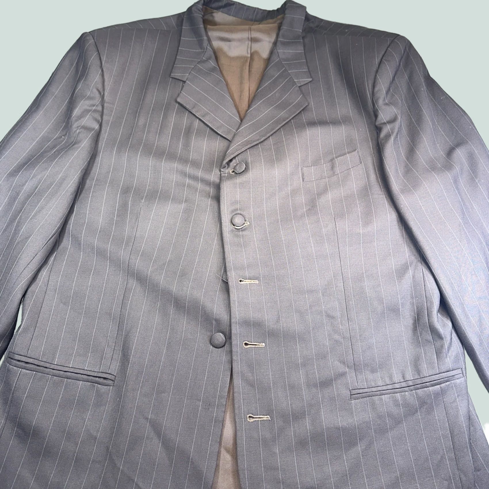 Vintage Phenomenal Design Men’s Suit Jacket Brown Pinstripe 5-Button Long 48 Big & Tall Club 2 Piece Mens Size 48R - 1 Thumbnail