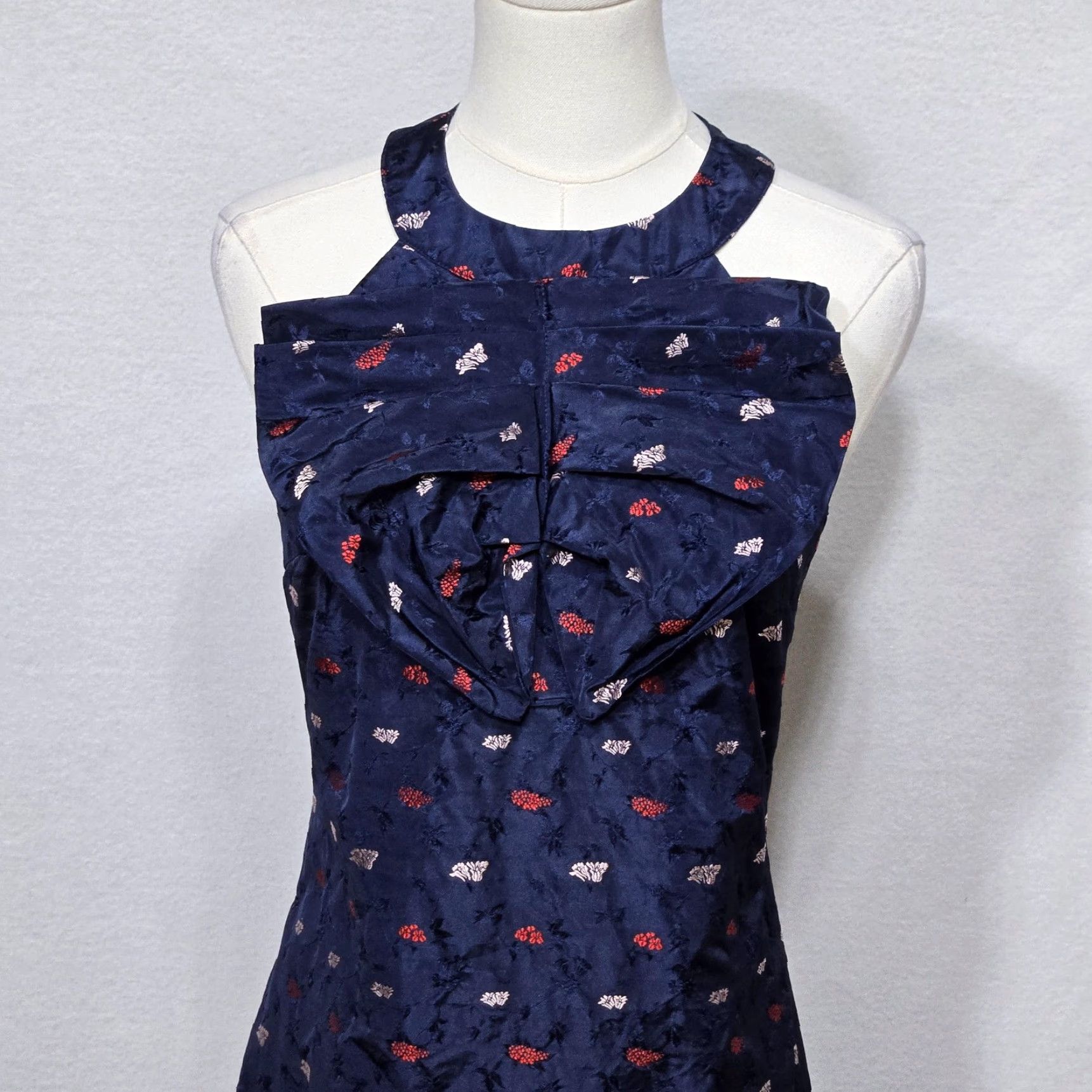 Banana Republic Dress Womens 0 Navy Blue Floral Jacquard Bow Detail Cocktail  Dress Sleeveless Knee Length
