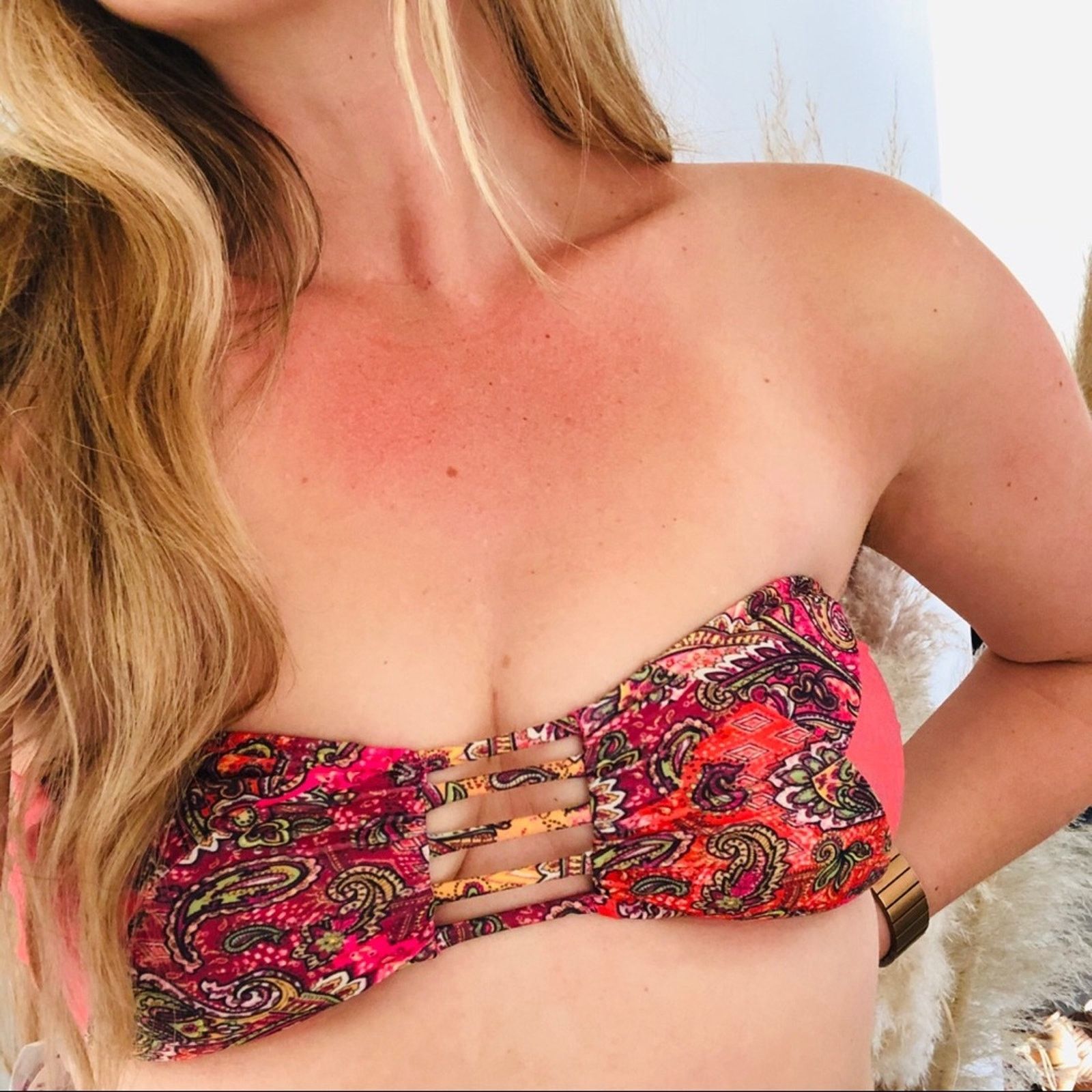NEW ONEILL Pink Paisley Print Bandeau Strappy Bikini Top