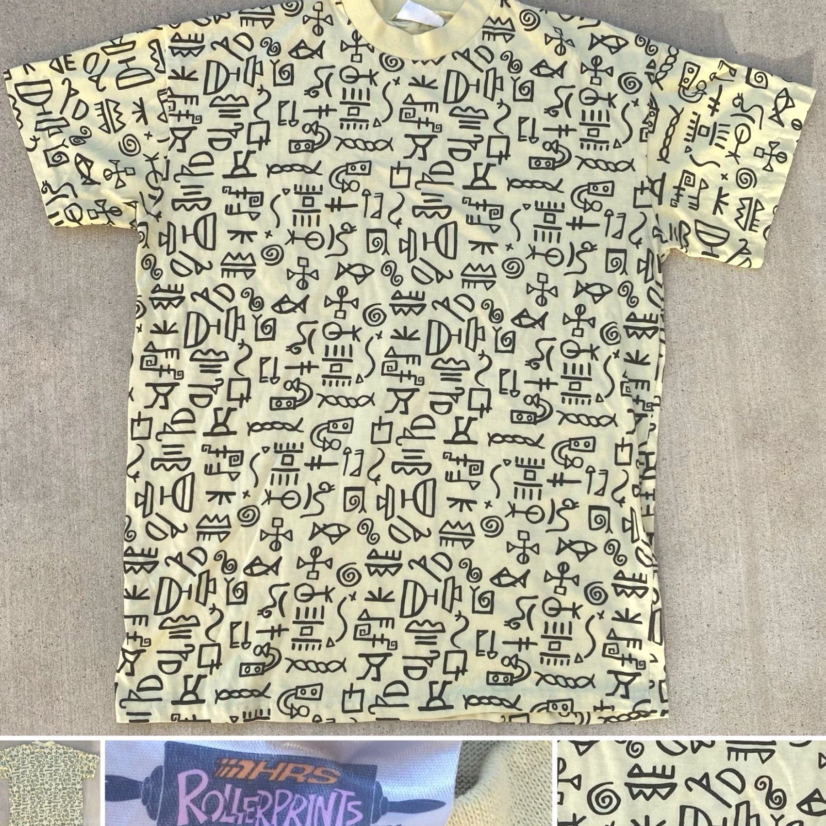 Vintage VINTAGE Geometric Graphic Tee AOP Hieroglyphics T Shirt HRS Rollerprints 80s Mens One Size Yellow Graphic Print 1980s 80s Size US M / EU 48-50 / 2 - 2 Thumbnail