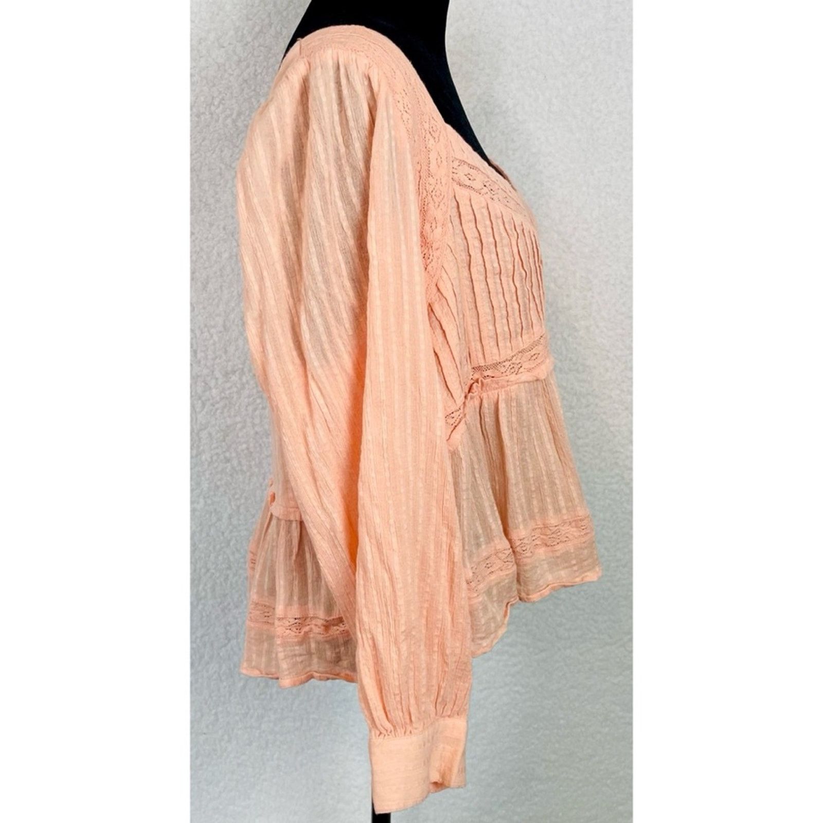 American Eagle Outfitters AMERICAN EAGLE • Peach Boho Long Sleeve Babydoll Blouse Size L / US 10 / IT 46 - 9 Thumbnail