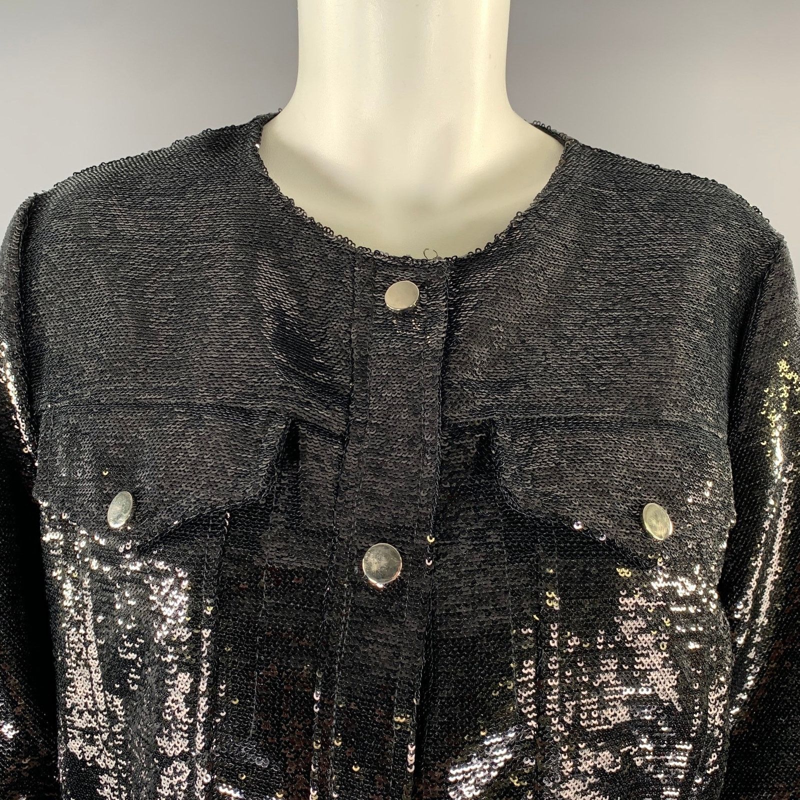 Neiman Marcus NEIMAN MARCUS M Black Polyethylene Sequined Snap Jacket Size M / US 6-8 / IT 42-44 - 2 Thumbnail