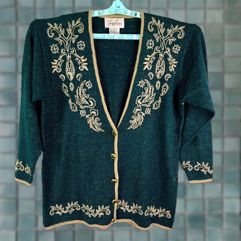 Vintage VINTAGE Smith Metallic Beaded Cardigan Sweater Womens Size L Green Casual Formal Party 80s 90s Size L / US 10 / IT 46 - 1 Thumbnail