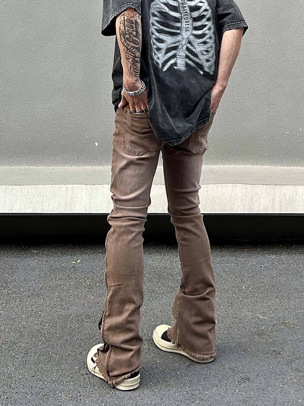 distressed faded zipper grunge flared jeans