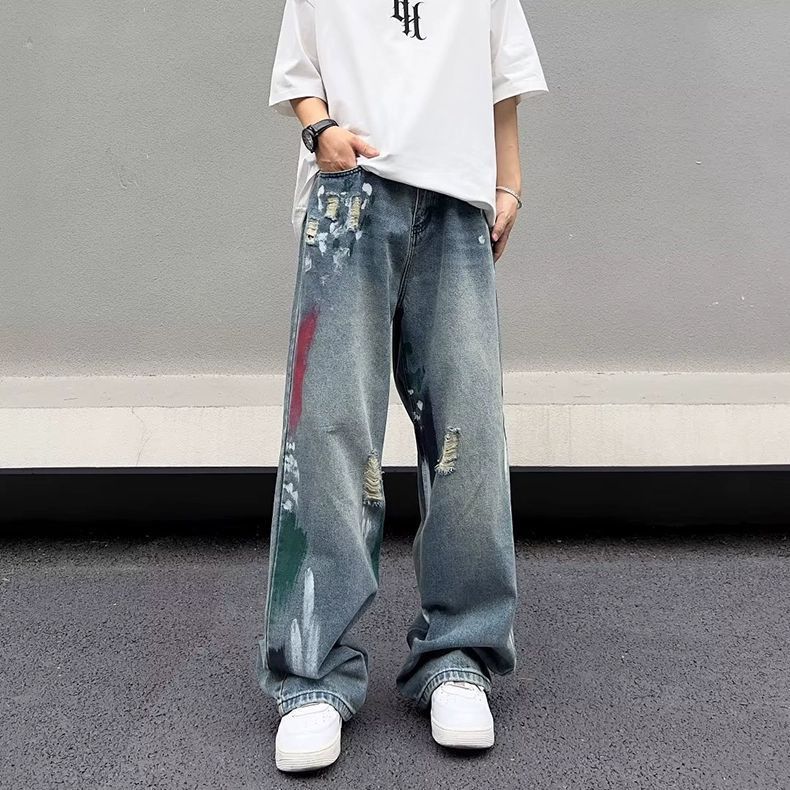 Japanese Brand Men's loose wide-leg straight washed ripped jeans Size US 32 / EU 48 - 3 Thumbnail