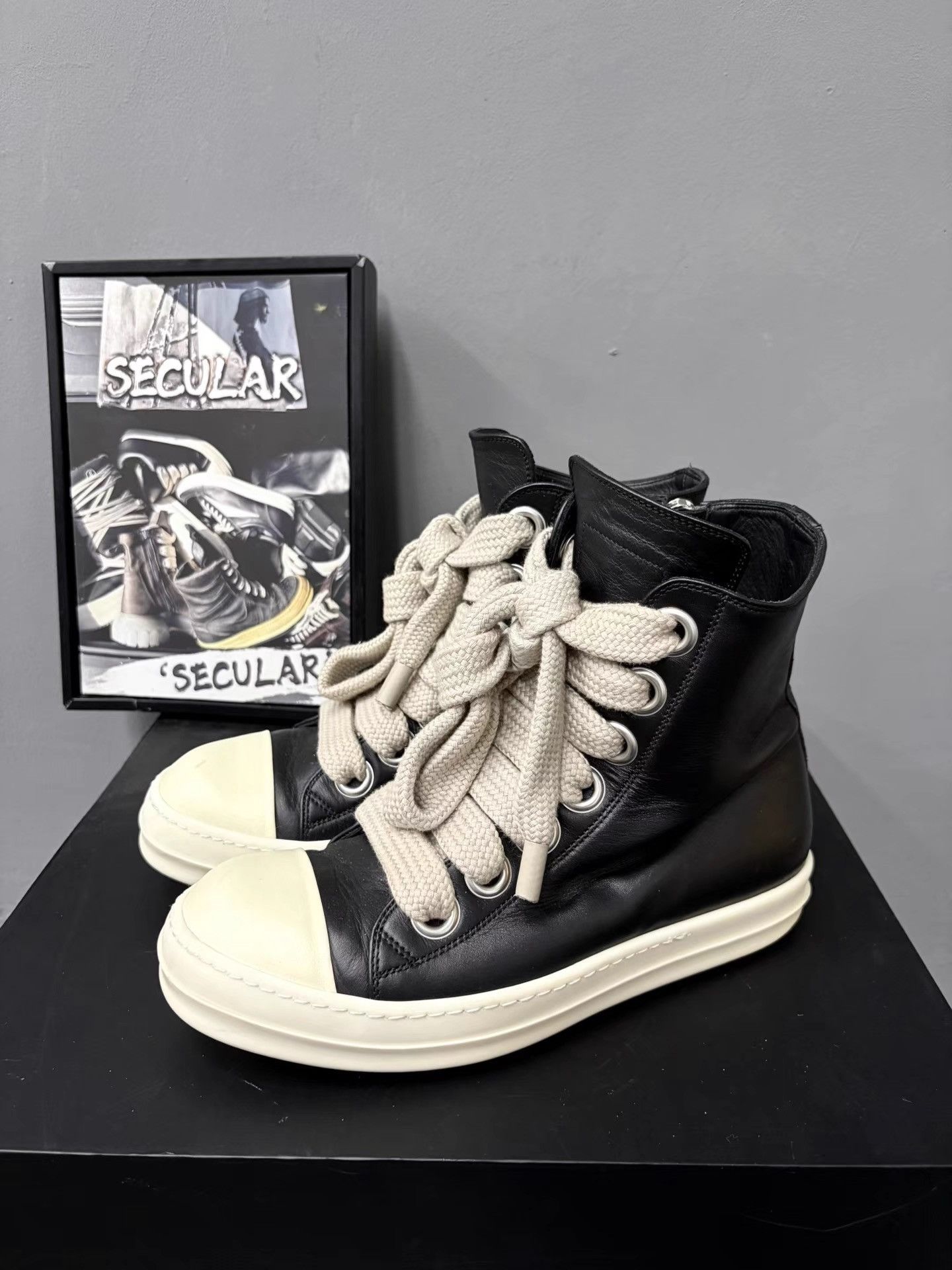 Rick Owens Rick Owens Black White Leather Thick Lace High Sneakers K34 Size US 7 / EU 40 - 1 Thumbnail