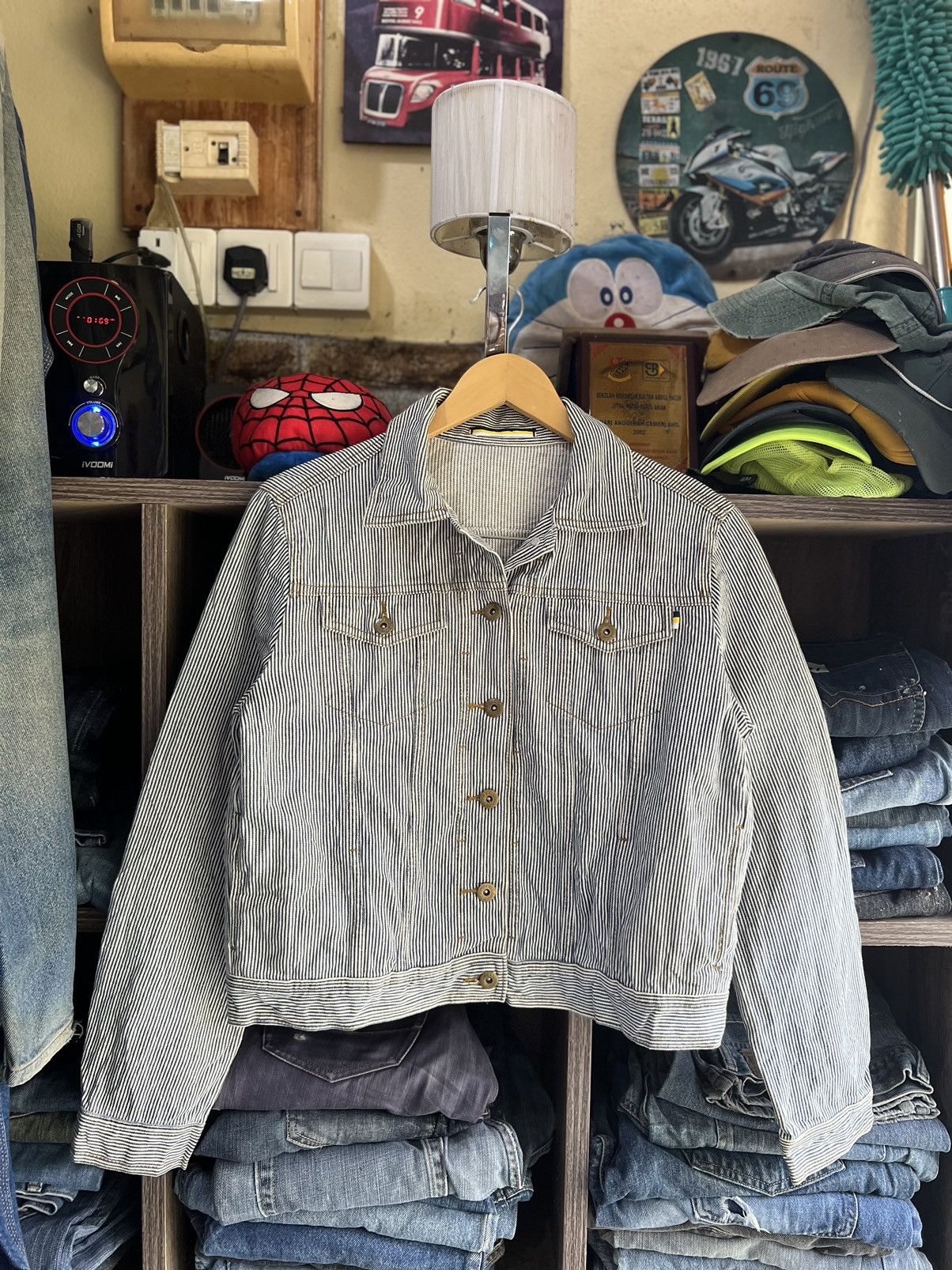 image of Gu Hickory Stripe Denim Jacket in Blue, Women's (Size Medium)