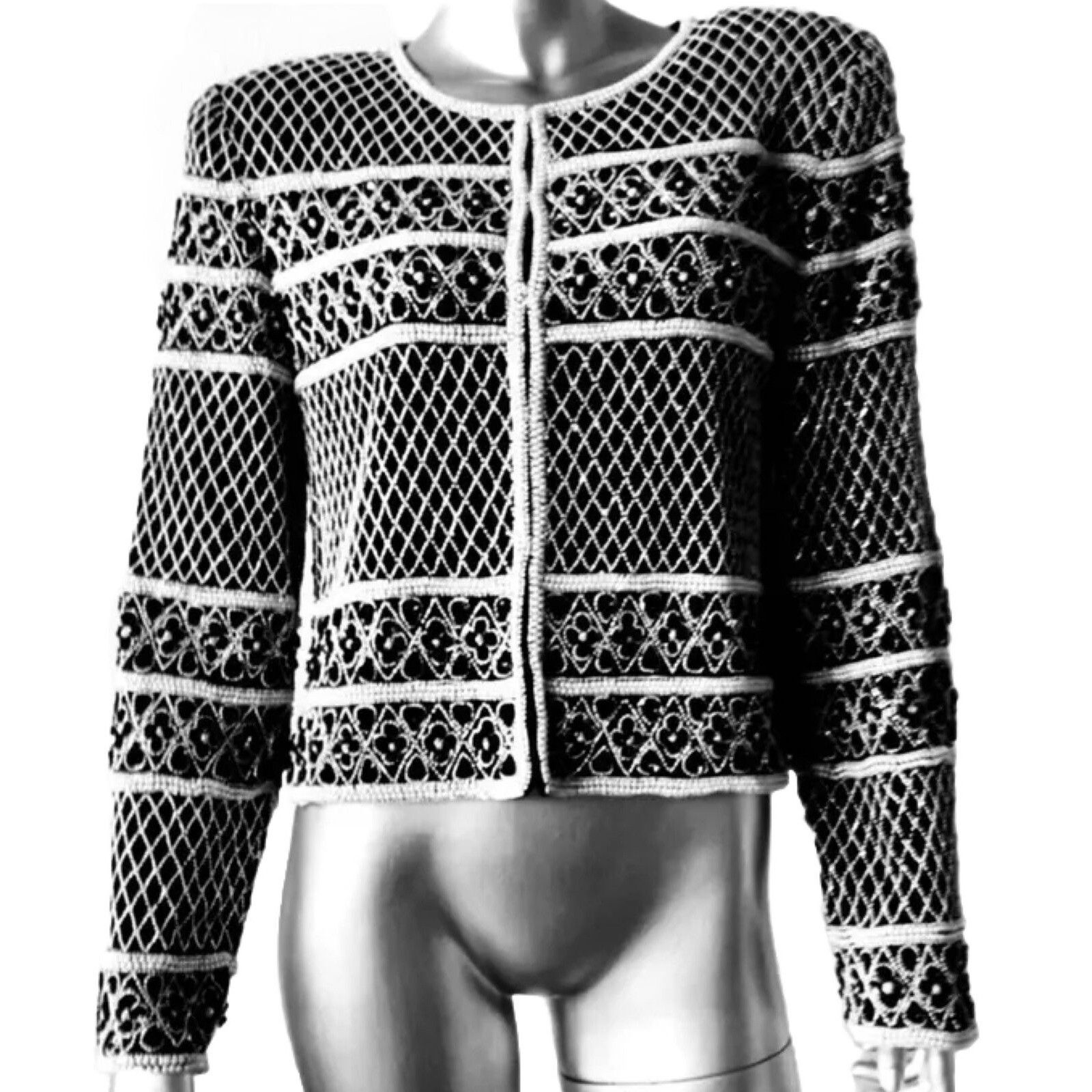 image of Mary Mcfadden Beaded Silk Diamond Pattern Jacket Womens Medi in Black (Size Medium)