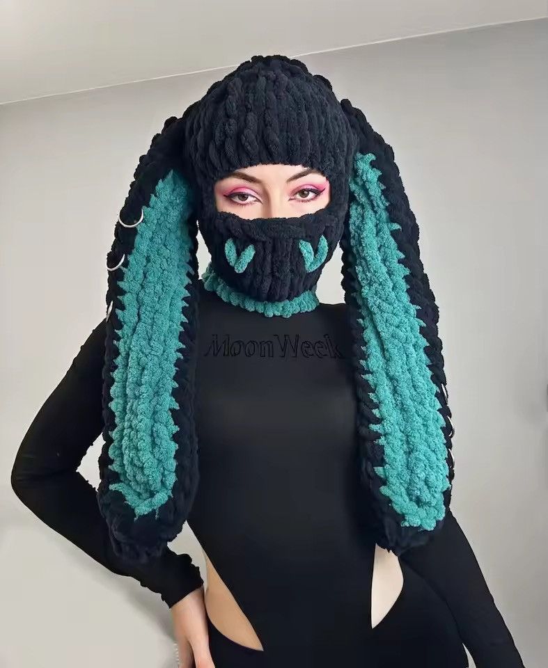 Unique Chunky Textured Knit Bunny Mask Beanie