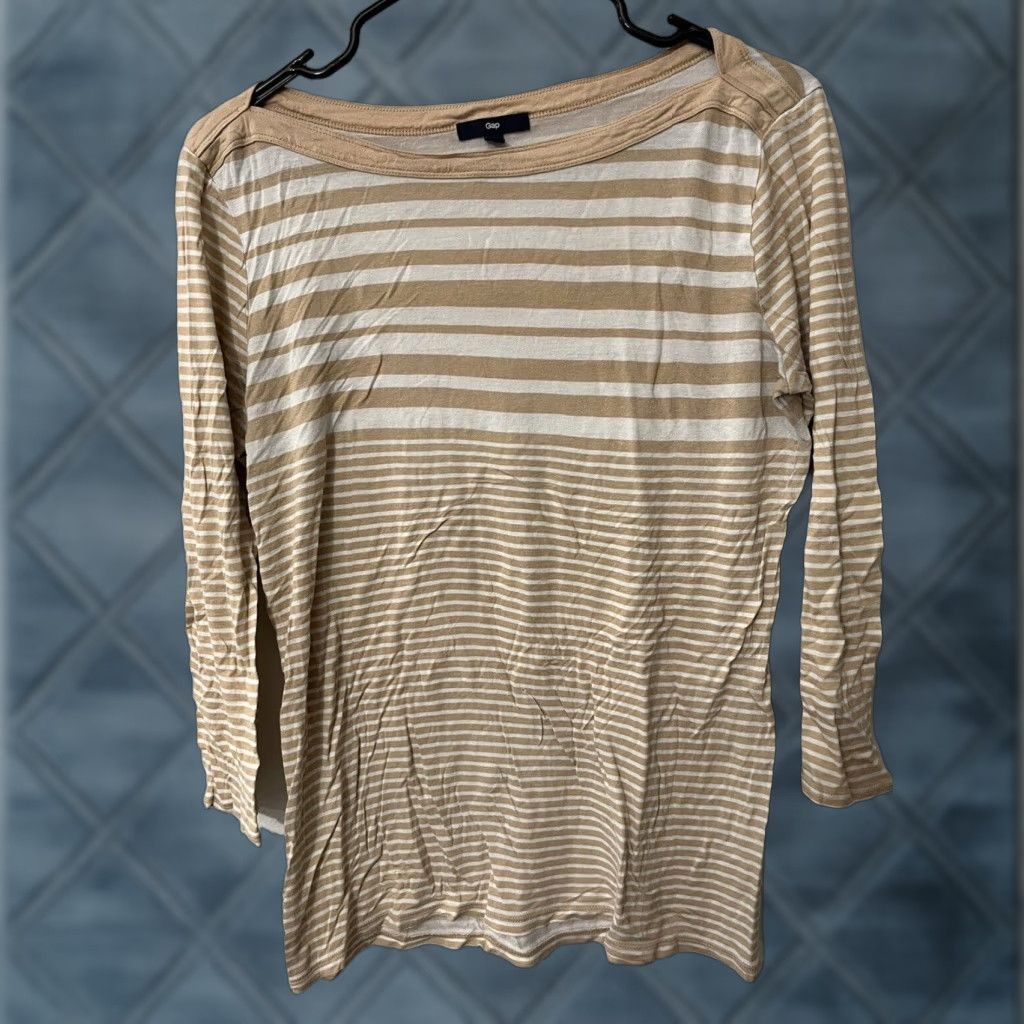 Gap Gap Women Sweater L Tall Beige Striped Crew Neck Knit 100% Cotton Classic American Casual Womens Size L / US 10 / IT 46 - 1 Thumbnail