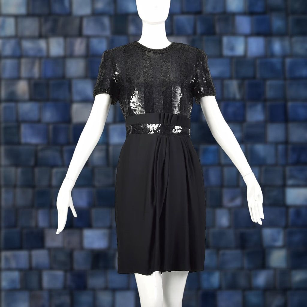 VINTAGE Small 1990s Little Black Dress Bill Blass Sequin Evening Cocktail LBD VTG Womens