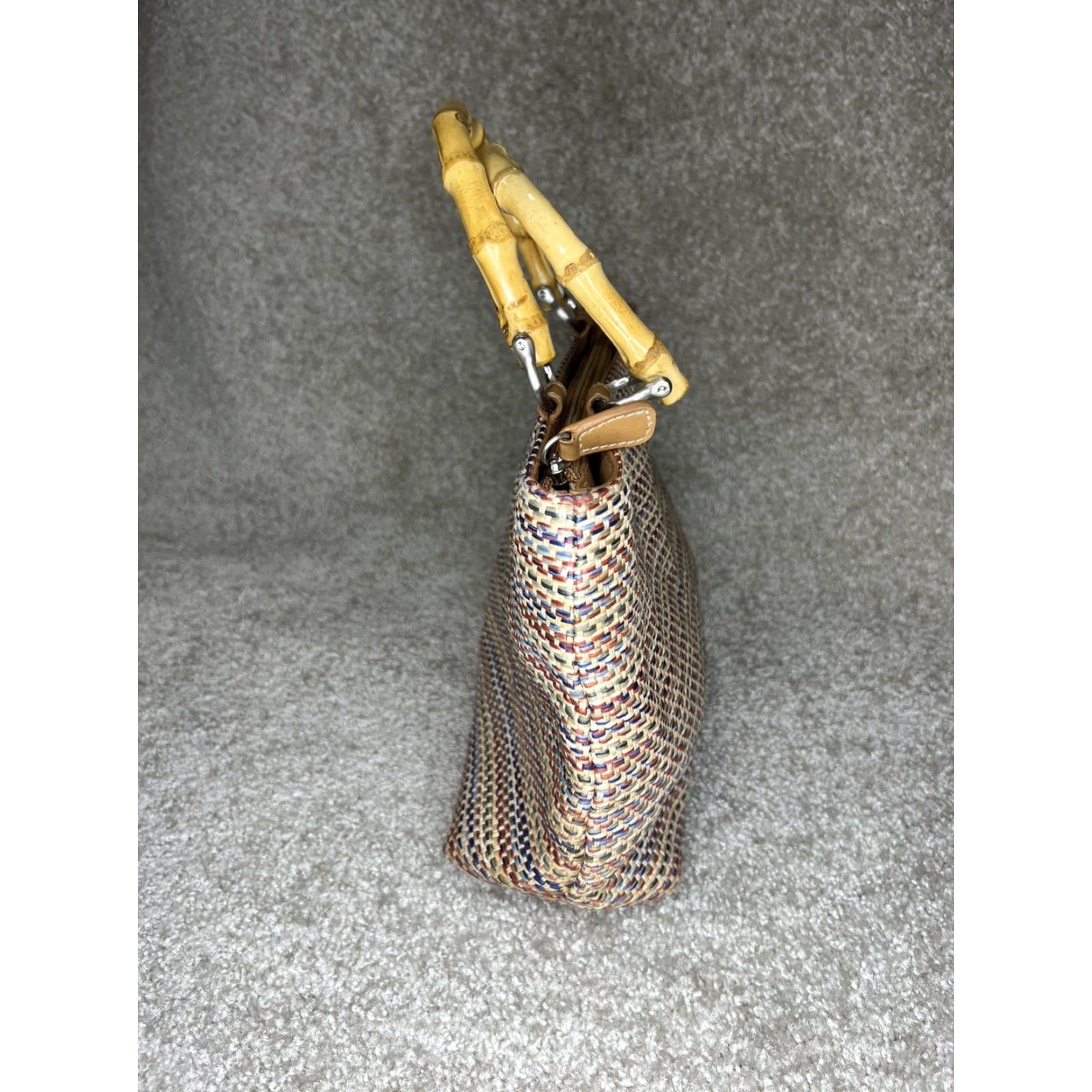 Rainbow VINTAGE Relic Handcrafted Woven Rainbow Threads Bamboo Handle Handbag Size ONE SIZE - 3 Thumbnail