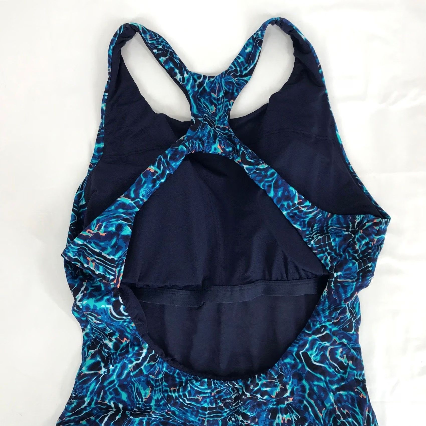 Vintage TYR One Piece Swimsuit Womens XL Blue Abstract Water Ripple UPF 50+ NEW Built-In Bra Racerback Batik Pattern Size ONE SIZE - 5 Thumbnail
