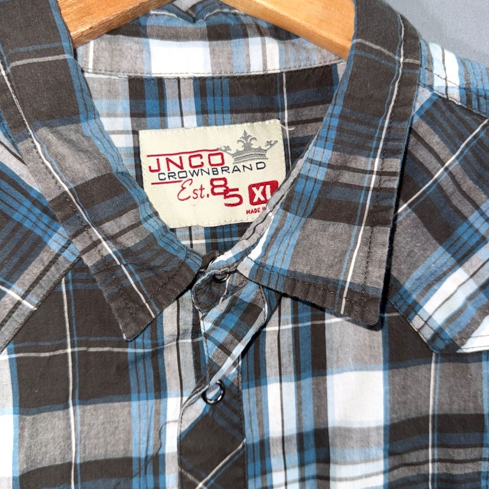 JNCO JNCO Crown Brand Shirt Boys XL Blue Gray Plaid Button Up Slim Fit Short Sleeve Size US XL / EU 56 / 4 - 2 Thumbnail