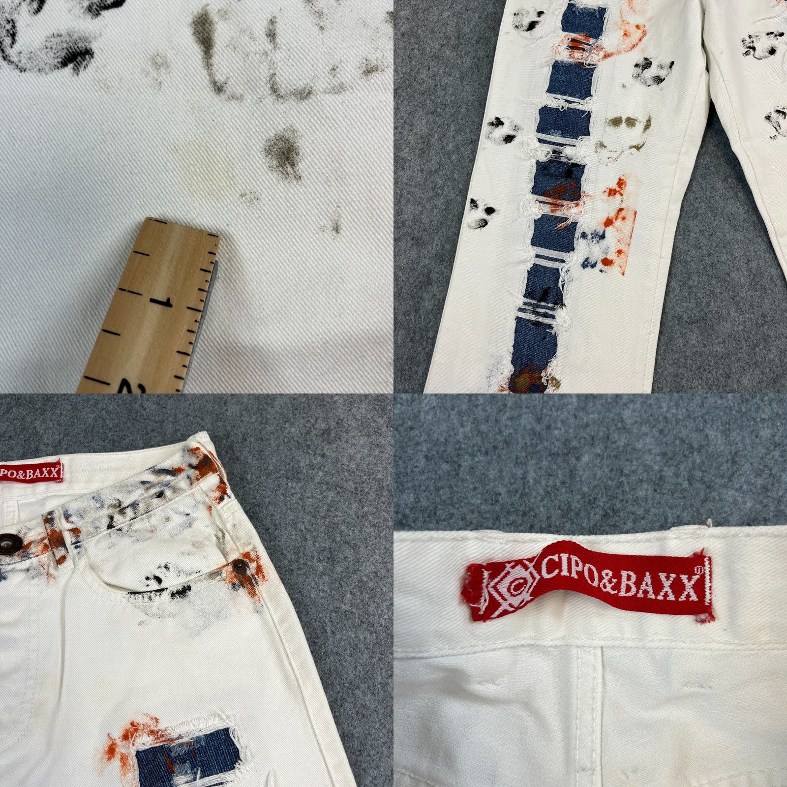 Vintage Cipo & Baxx Jeans Straight 31 32 Distressed Patchwork White Paint Design Mens 5-Pocket Denim Cotton Shirt? Size US 31 - 8 Thumbnail