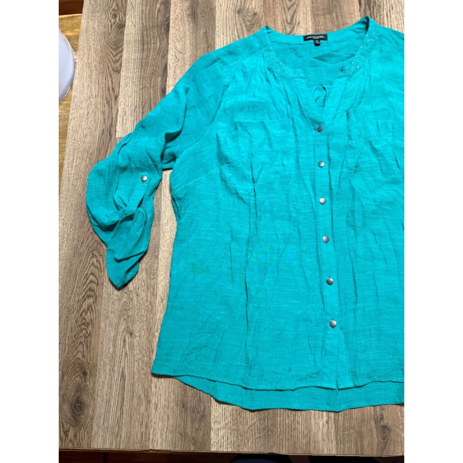 Vintage Notations Shirts Women's Size 2X Green Long Sleeve Button Up Gems on Collar Womens Size XXL / US 16-18 / IT 52-54 - 3 Thumbnail