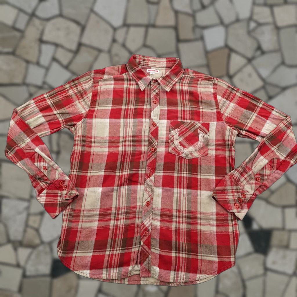 True Religion True Religion Shirt Mens Large Red Beige Plaid Flannel Button Up Long Sleeve Size US L / EU 52-54 / 3 - 1 Thumbnail