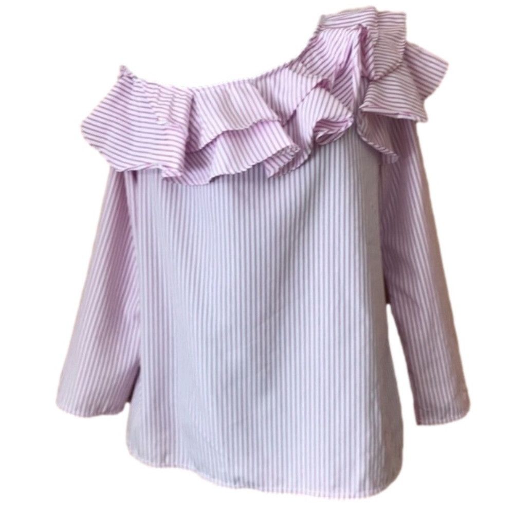 The Unbranded Brand Double Ruffle pink white Striped One Shoulder Blouse large Size L / US 10 / IT 46 - 11 Thumbnail