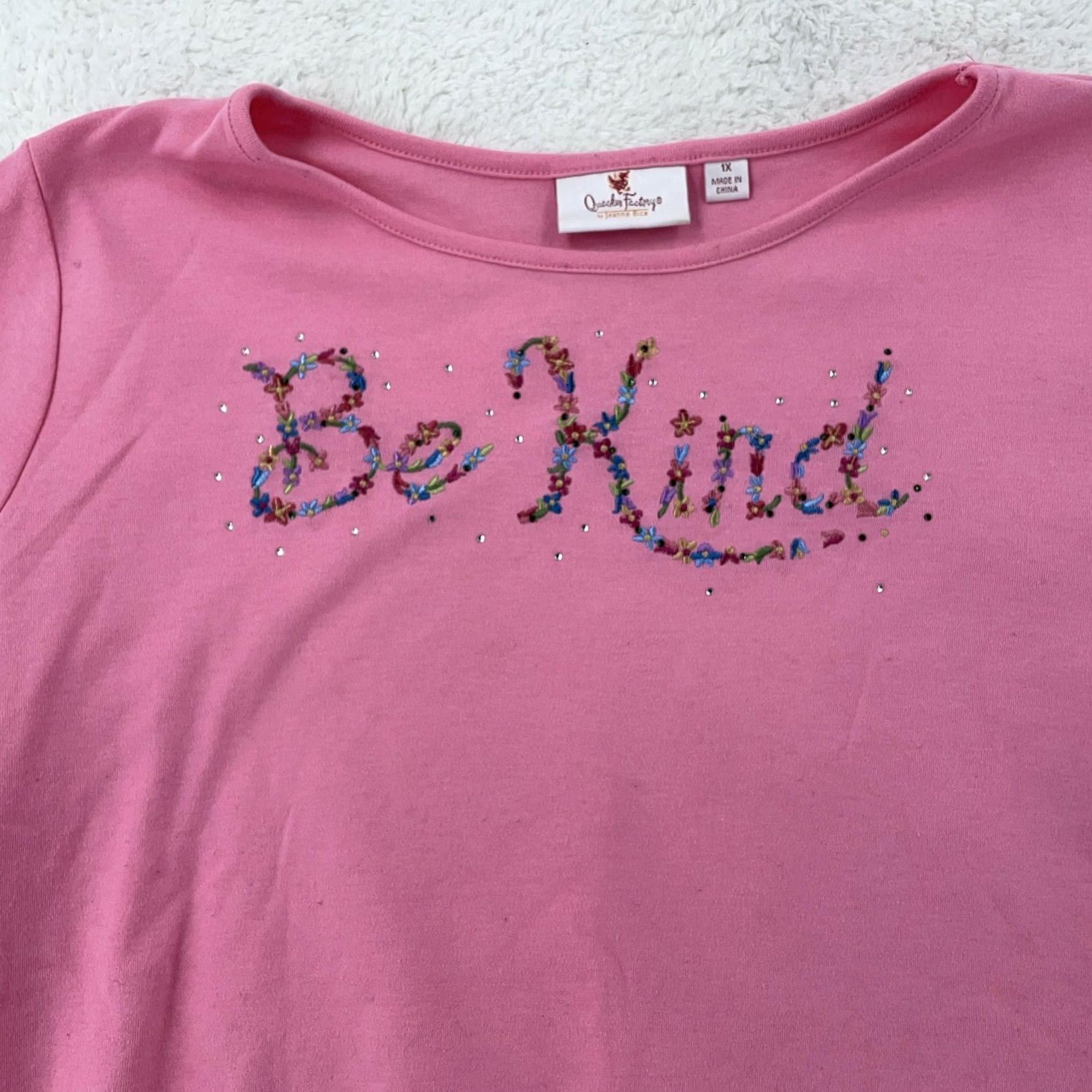 Quacker Factory Quacker Factory T Shirt Pink Be Kind Rhinestone Floral 3/4 Sleeve Womens 1X Regular Fit_TOPS Size XL / US 12-14 / IT 48-50 - 2 Thumbnail