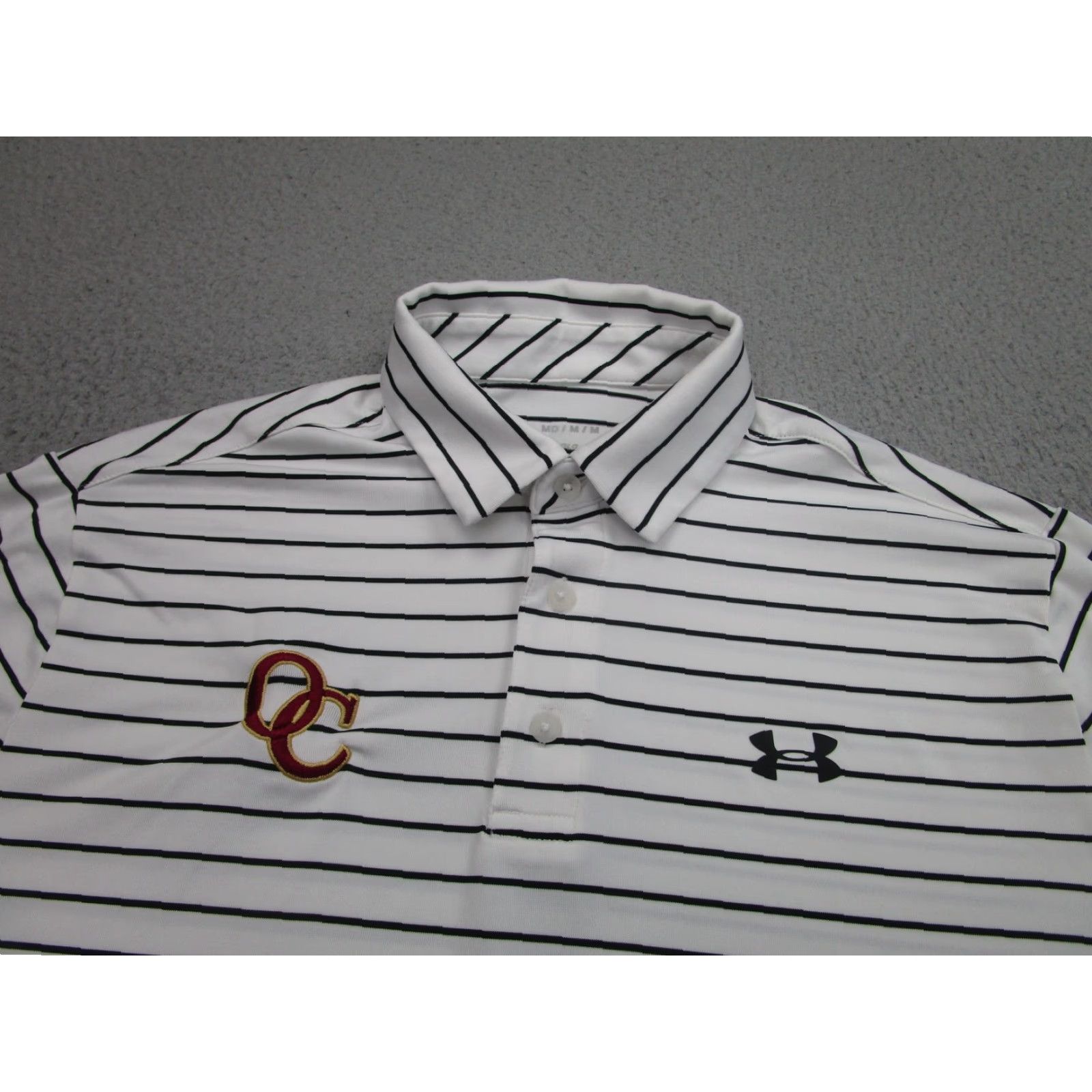 Under Armour Oaks Christian HS Polo Shirt Mens Medium Stripe Playoff Golf High School Prep Size US M / EU 48-50 / 2 - 2 Thumbnail