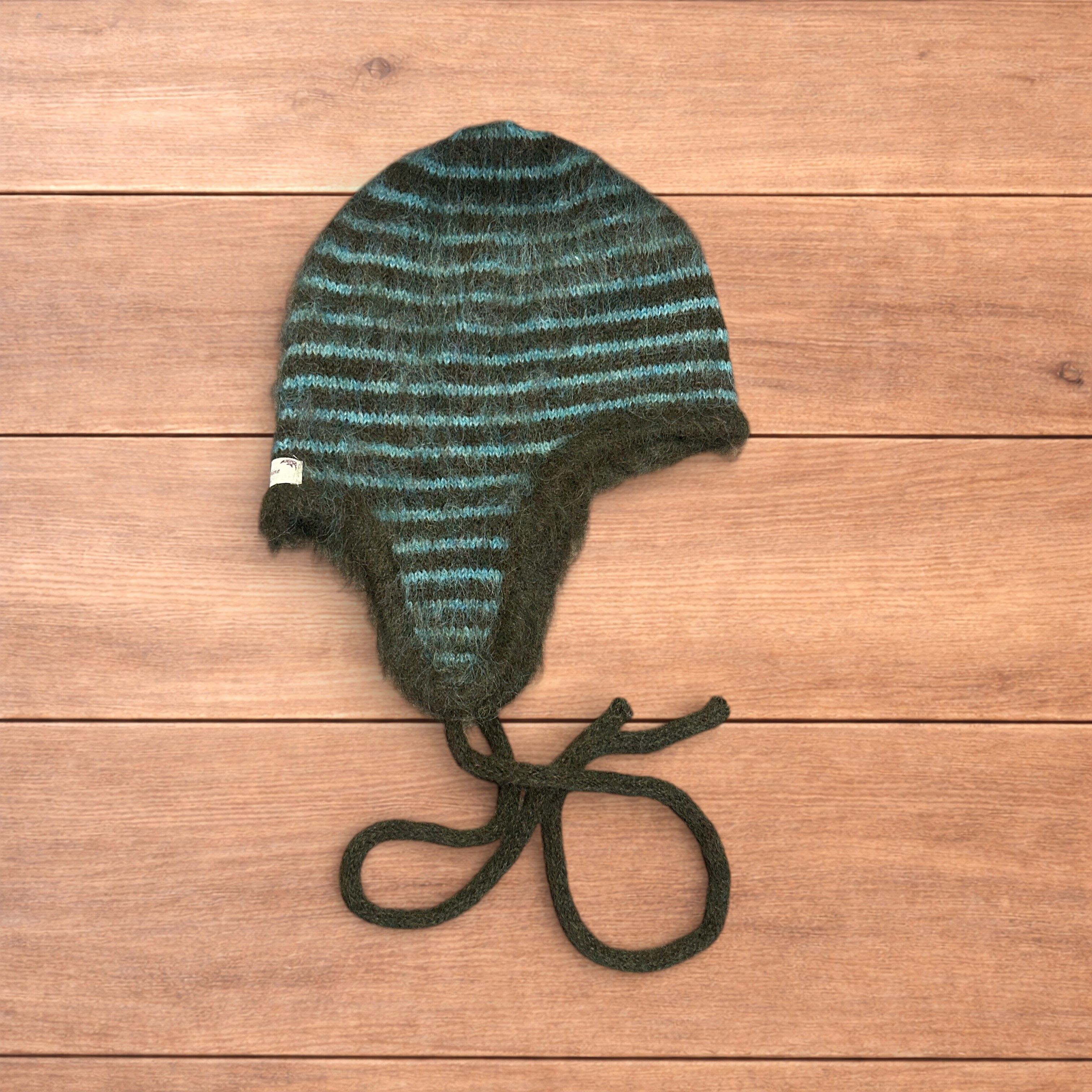Japanese Brand Vintage style knitted ear flap hat bonnet in green/brown. Size ONE SIZE - 5 Thumbnail