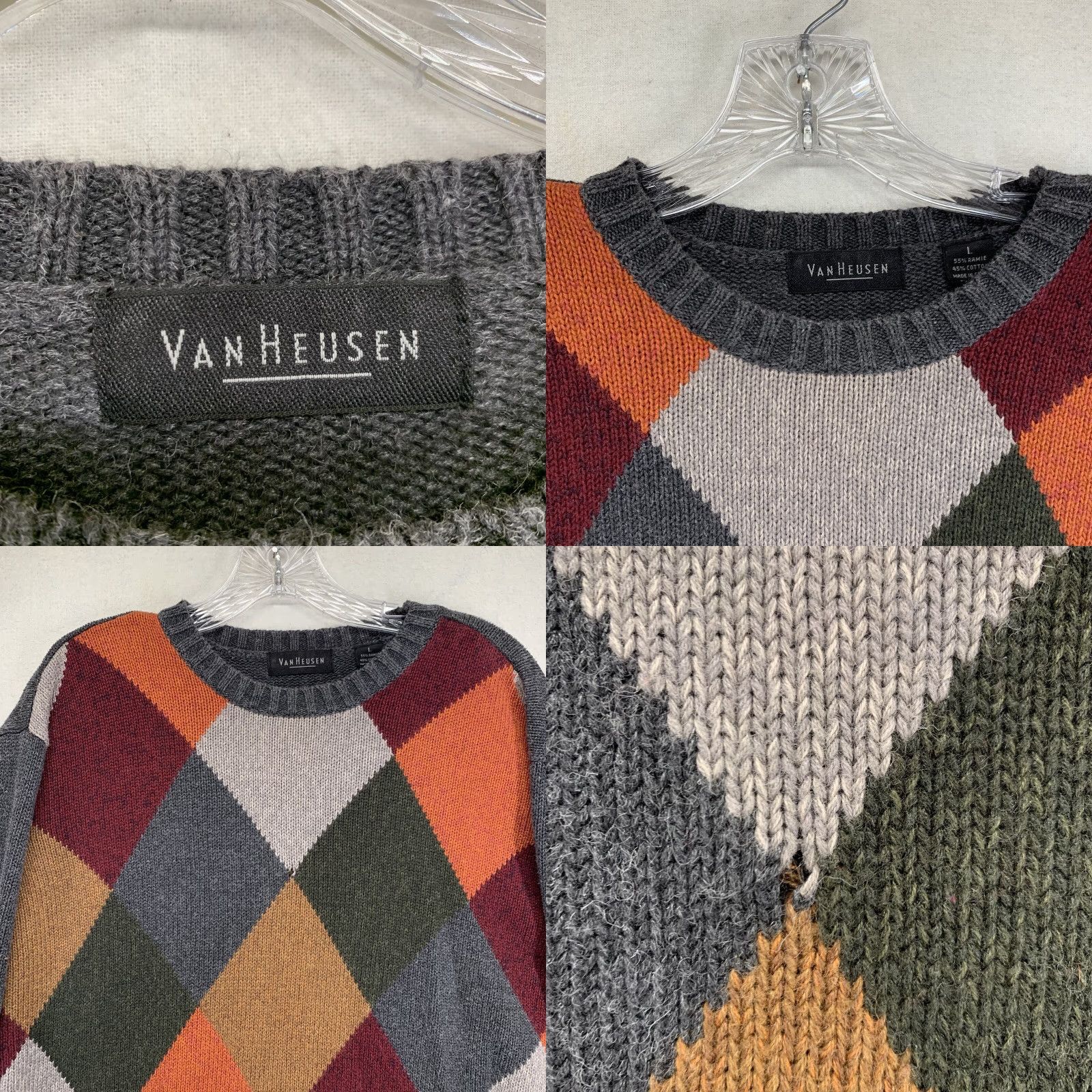 Van Heusen Van Heusen Argyle Sweater Large Gray Multi Color Long Sleeve Crew Neck Mens Size US L / EU 52-54 / 3 - 8 Thumbnail