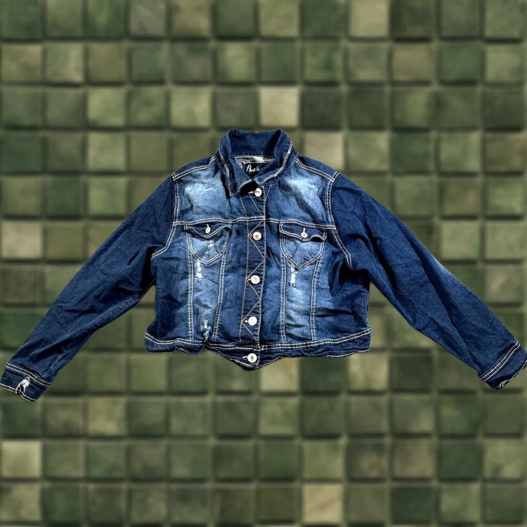 Denime Amethyst Jacket Womens 2X Blue Denim Distressed Button Front Cropped Trucker Jacket Size XXL / US 16-18 / IT 52-54 - 1 Thumbnail