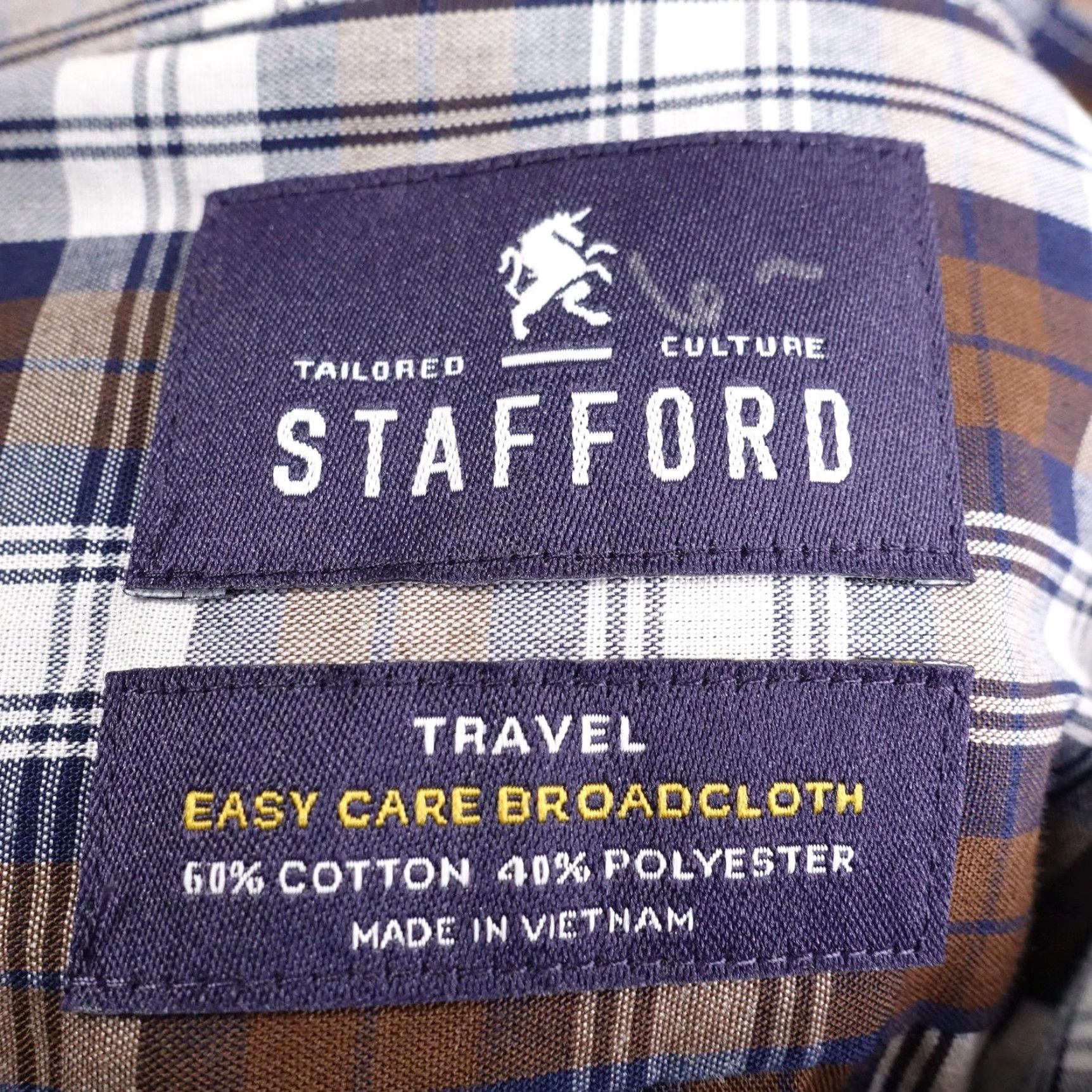 Stafford Stafford Dress Shirt Mens 17.5 34/35 Brown Plaid Regular Fit Travel Easy Care Shirt Mens Regular 17.5 34/35 Brown Plaid Easy Care Size 48R - 6 Thumbnail