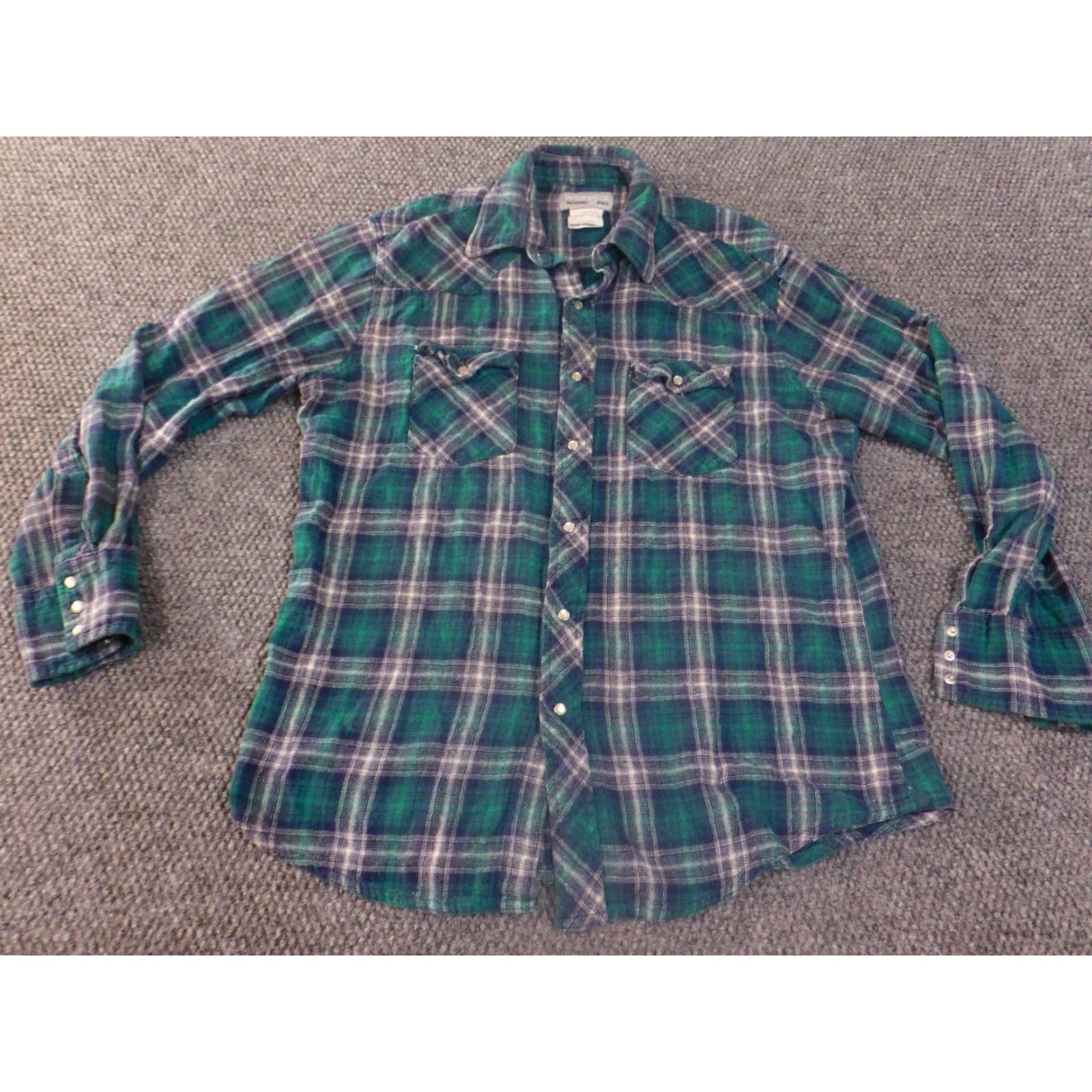 Wrangler wrangler shirt mens large pearl snap green plaid cowboy flannel wrancher button-up long sleeve cotton blue Size US L / EU 52-54 / 3 - 4 Thumbnail