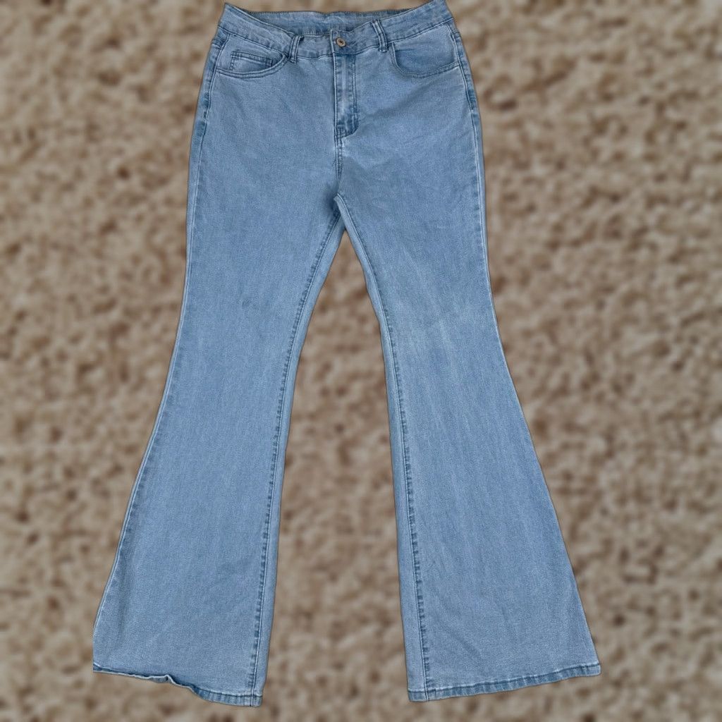 Vintage Jeans Womens 29 Blue Denim Wide Flare High Rise Light Wash Cotton Blend 29x30 Size 29" - 1 Thumbnail