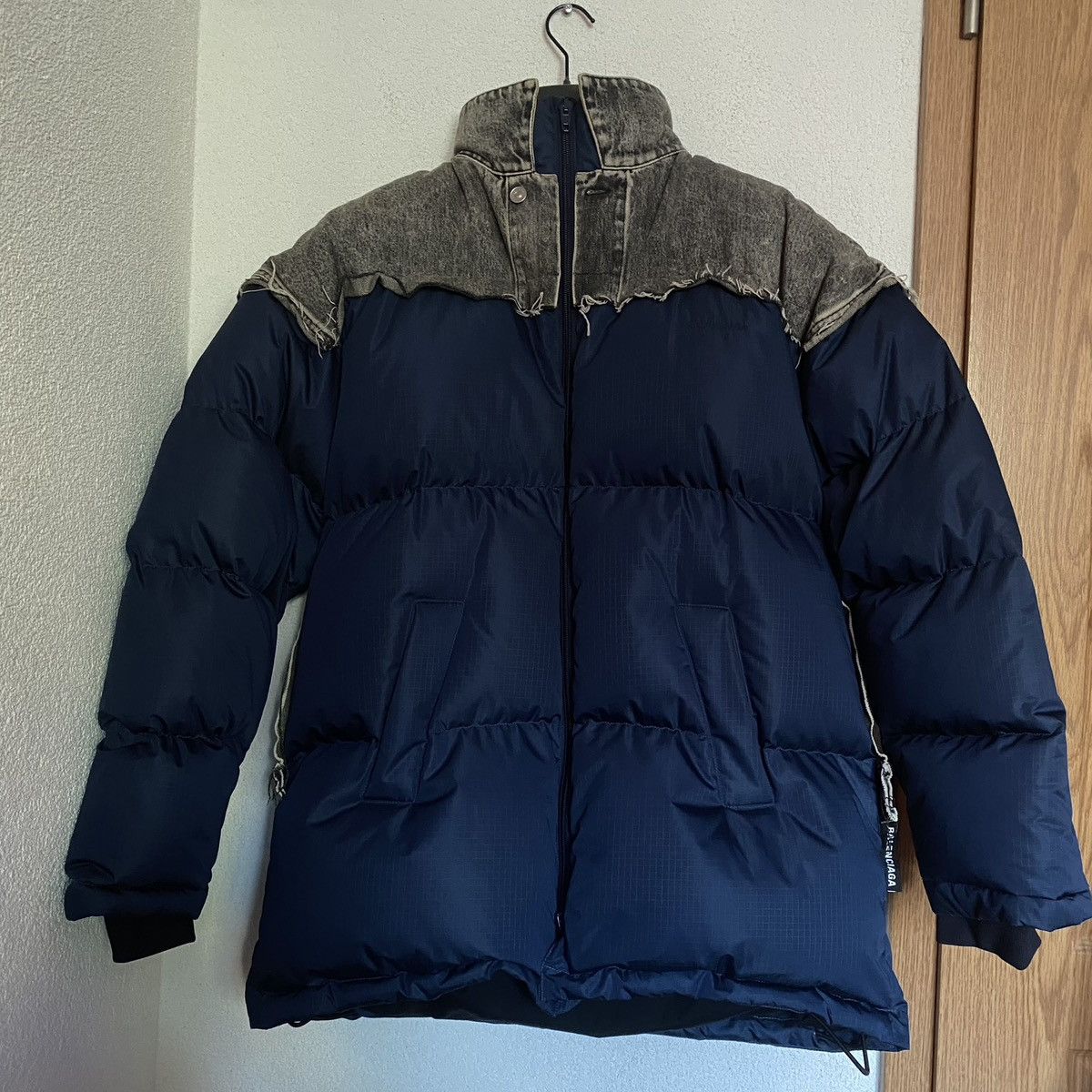 image of Balenciaga Denim Patch Down Puffer Jacket in Blue, Men's (Size Small)