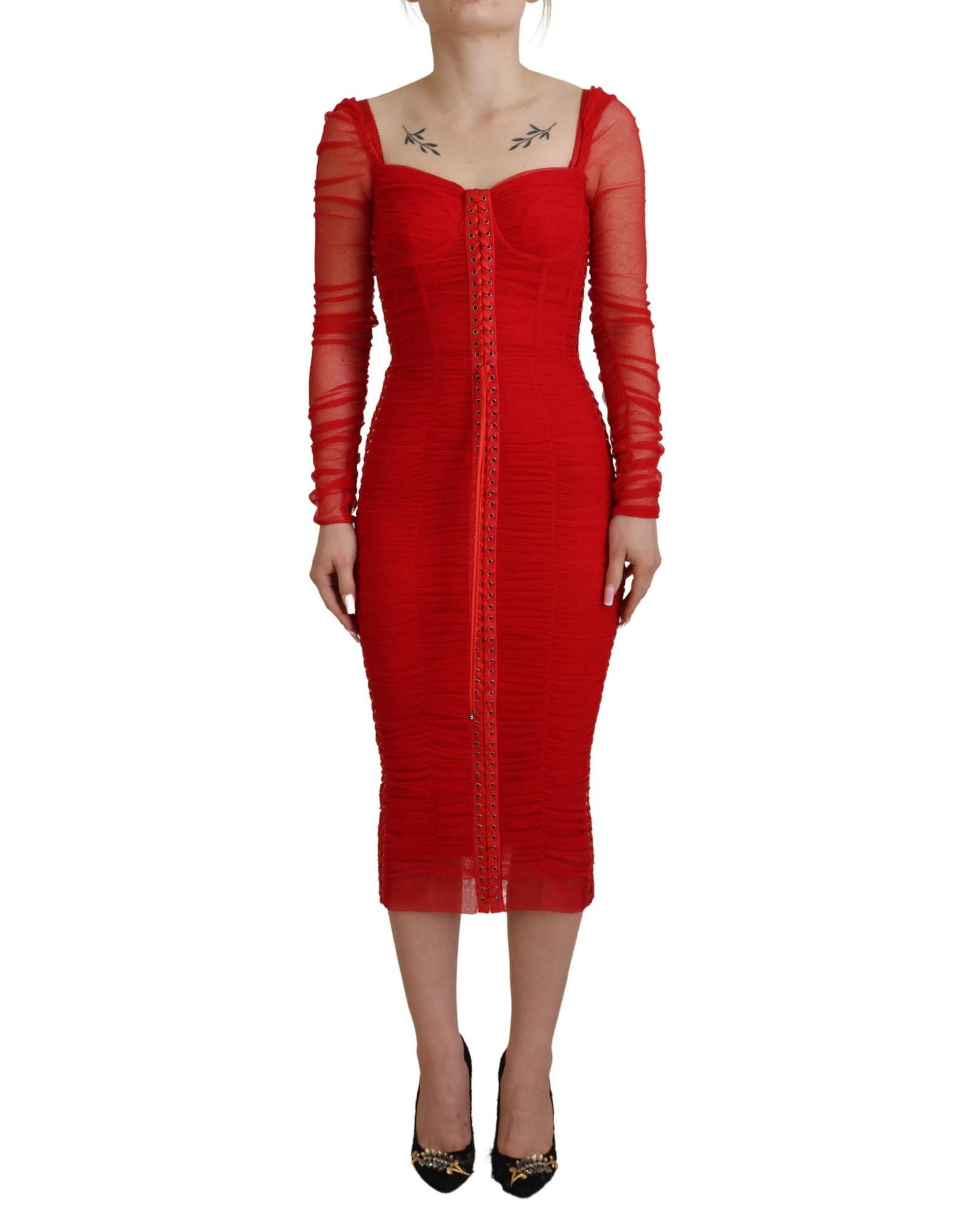 image of Dolce Gabbana Mesh Trim Bodycon Midi Dress in Red, Women's (Size XS)