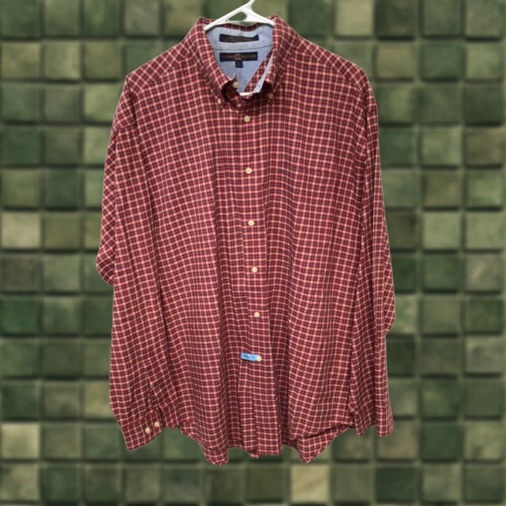 Tommy Hilfiger Button-Up Shirt Men Large Red Plaid Cotton Long Sleeve Regular Fit Button-Down B16, Men's