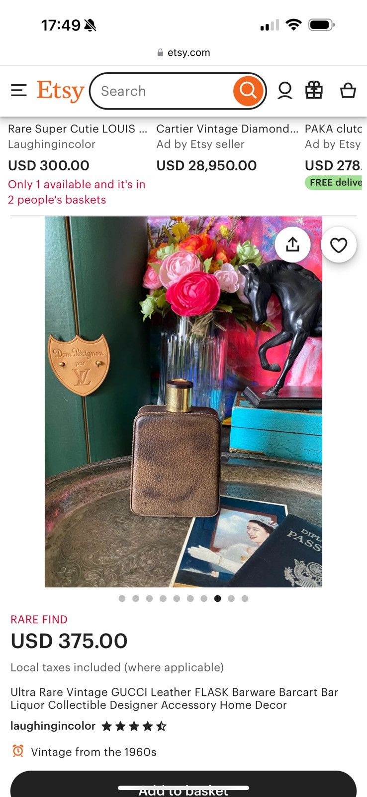 ★0% TAX★ 1980S GUCCI BAR LIQUOR LEATHER FLASK WITH BAKELITE