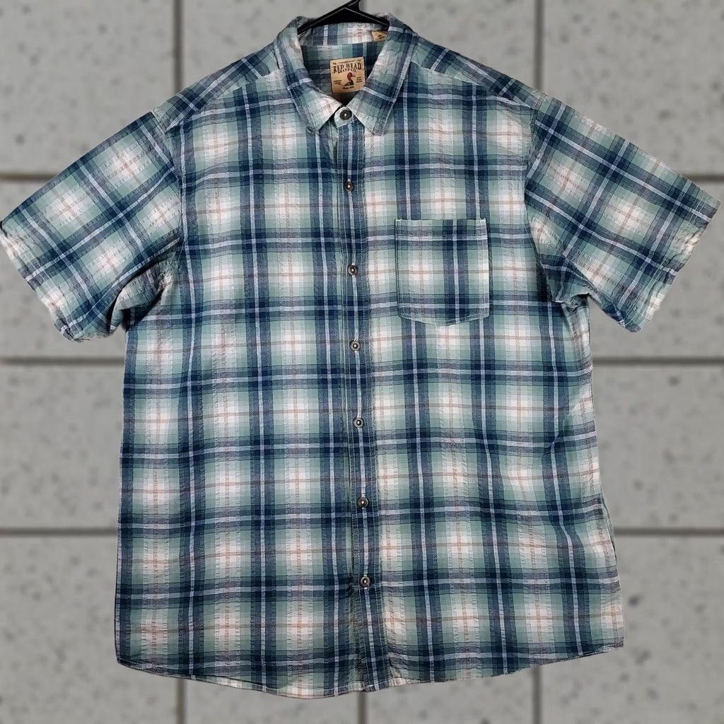 Vintage RedHead Shirt XL Blue Cotton Plaid Button-Down Short Sleeve Dress Shirt Mens Size US XL / EU 56 / 4 - 1 Thumbnail