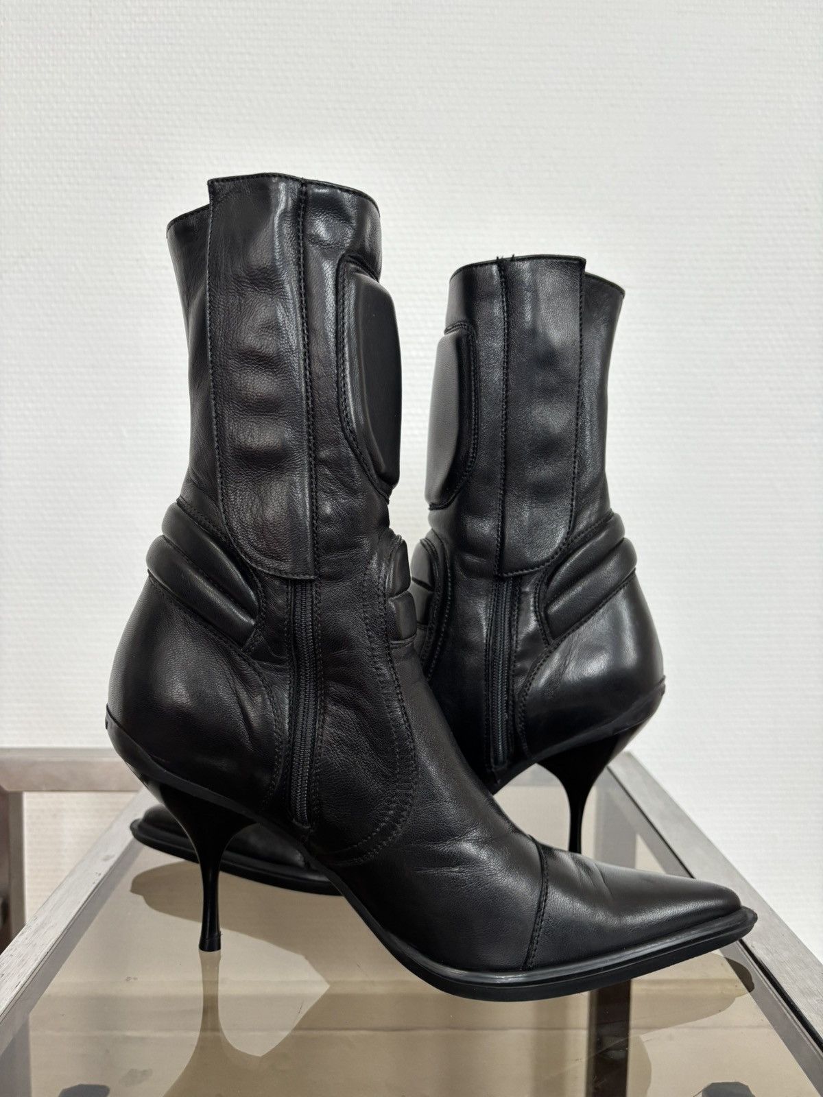 Miu Miu 00’s Vintage Miu Miu Black Padded Leather Biker Heel Boots Size US 7 / IT 37 - 9 Thumbnail