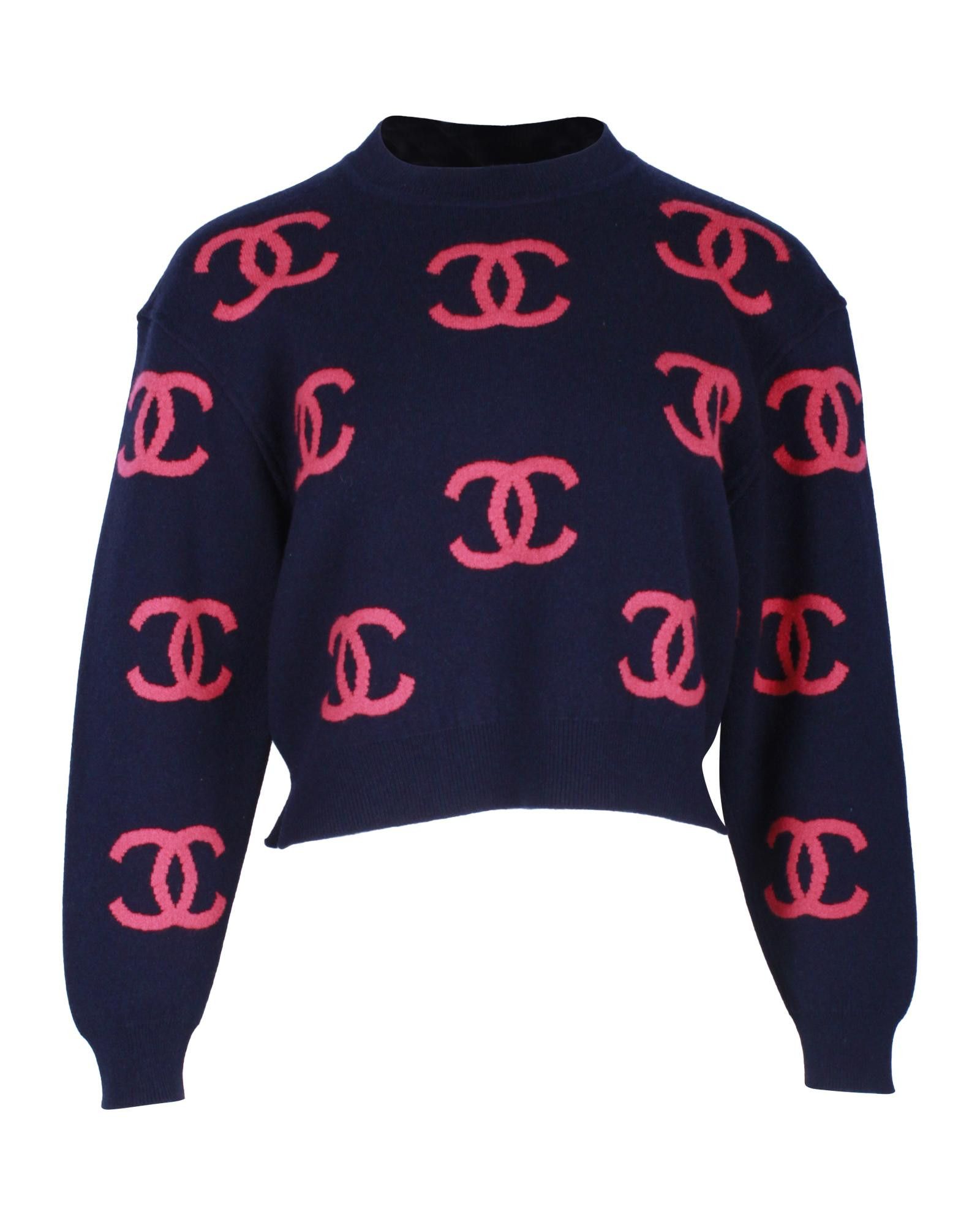 image of Chanel Navy Blue Wool Logo Sweater For A Chic Look in Blue/Navy Blue, Women's (Size XS)