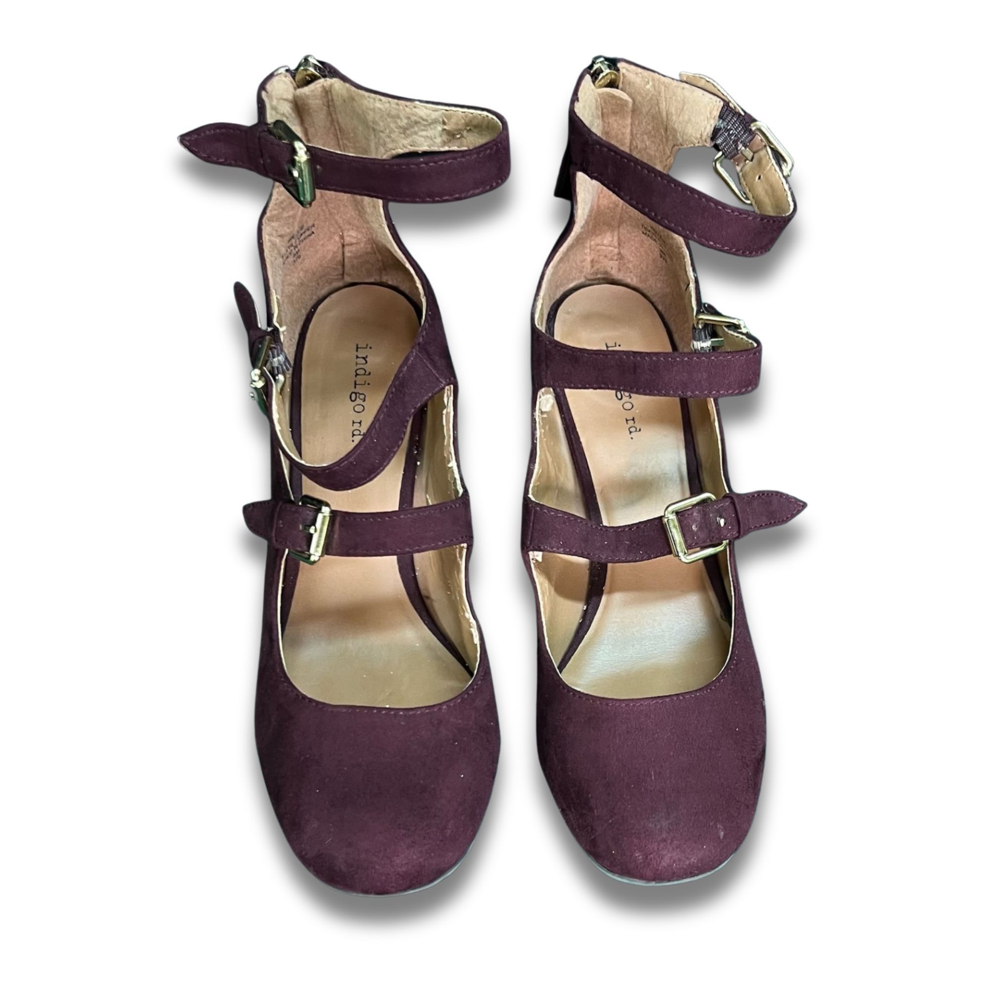 Other INDIGO Rd. Burgundy Strappy Suede Block Heels With Gold Buck Size US 8 / IT 38 - 2 Thumbnail