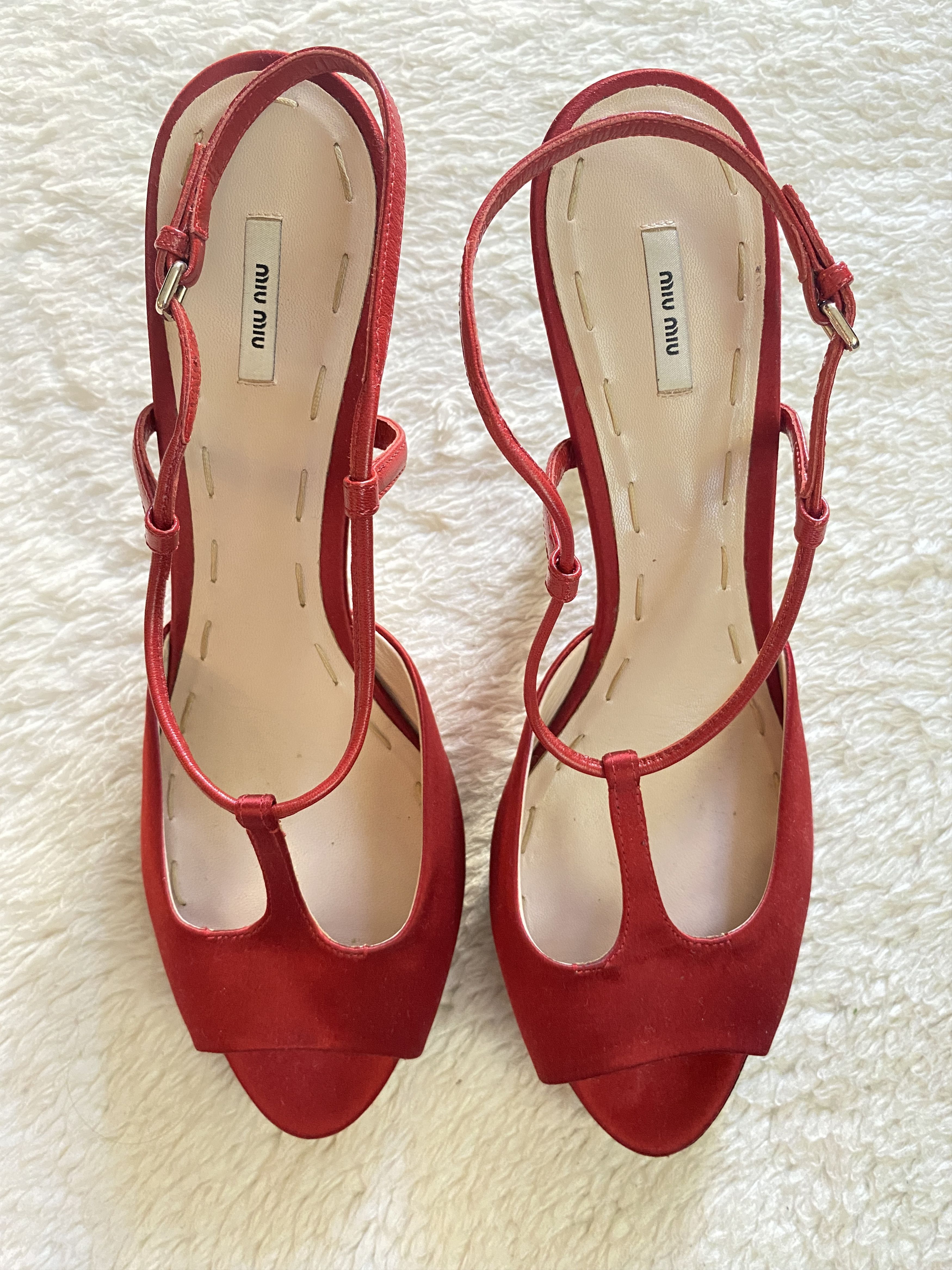 Miu Miu Miu Miu Silk Peep Toe Sandals – Red & Black Size US 10 / IT 40 - 21 Thumbnail