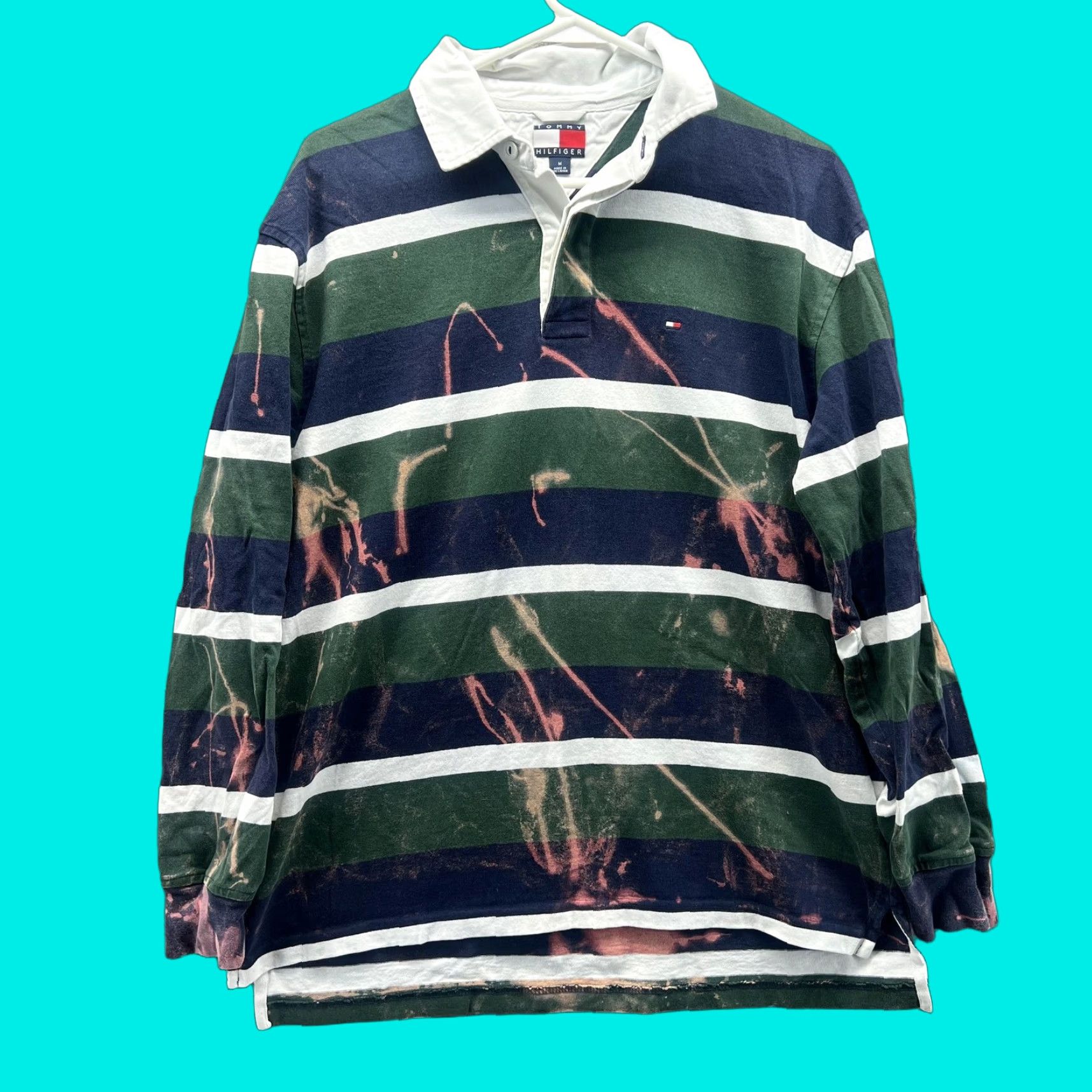 Tommy Hilfiger Tommy Hilfiger Rugby Shirt Mens M Green Navy Stripe Bleach Stained Flawed Polo Knit Long Sleeve Casual Shirt Mens Size US M / EU 48-50 / 2 - 1 Thumbnail
