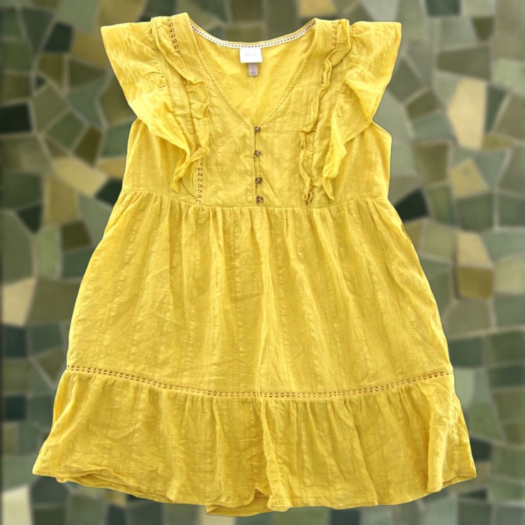 Vintage Knox Rose Yellow Cotton Cap Sleeve V-Neck Pocket Tiered Smock Dress Large Size L / US 10 / IT 46 - 1 Thumbnail