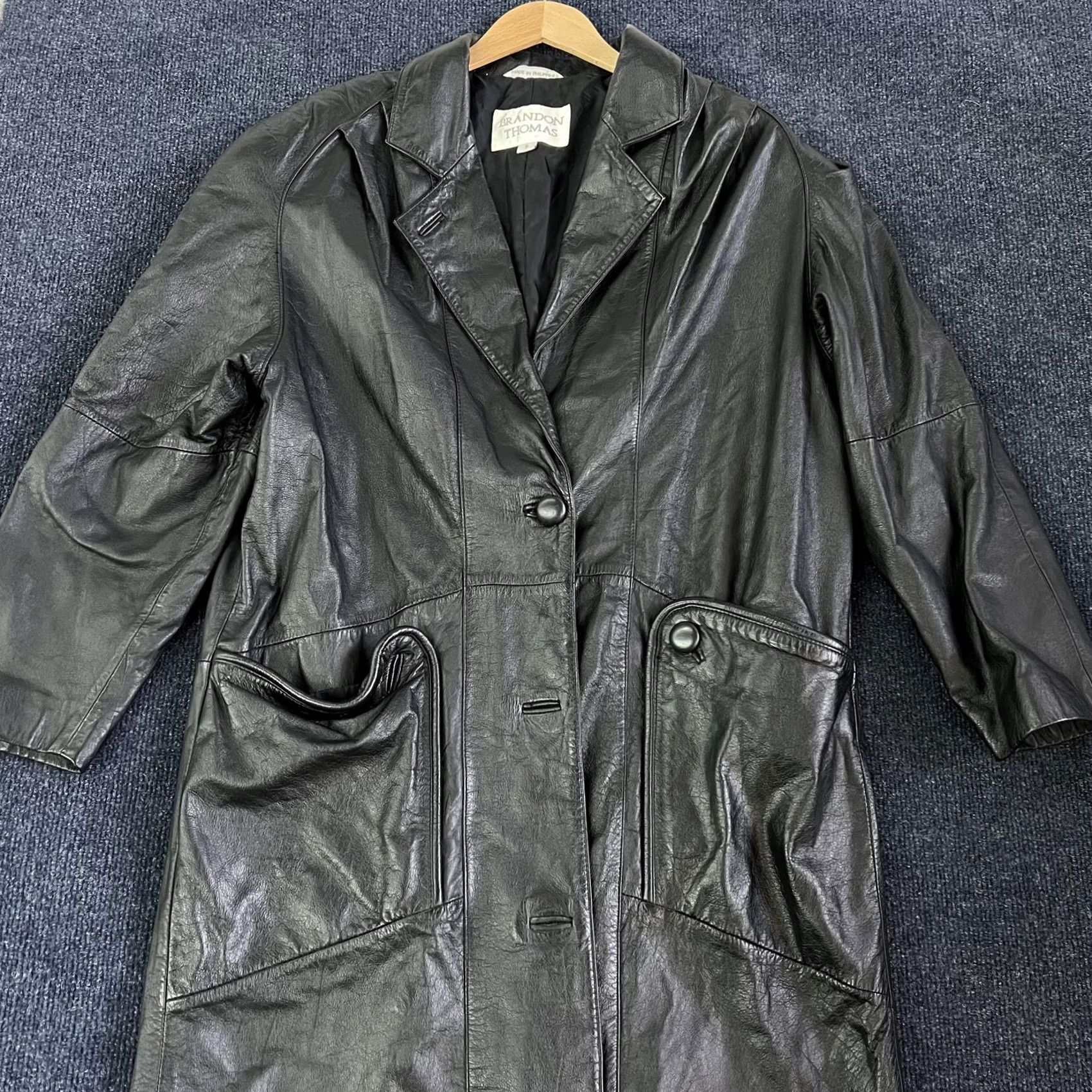 Vintage Brandon Thomas Coat Womens S Black Leather Button Front Mid-Length Overcoat Size S / US 4 / IT 40 - 2 Thumbnail