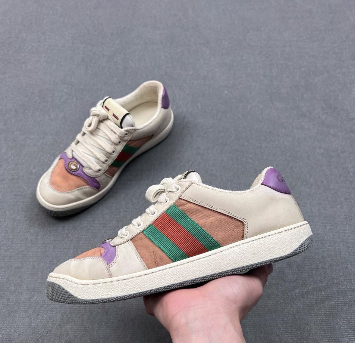 Gucci Gucci Screener GG Enamel Purple Accent Distressed Sneakers Size US 8 / IT 38 - 1 Thumbnail