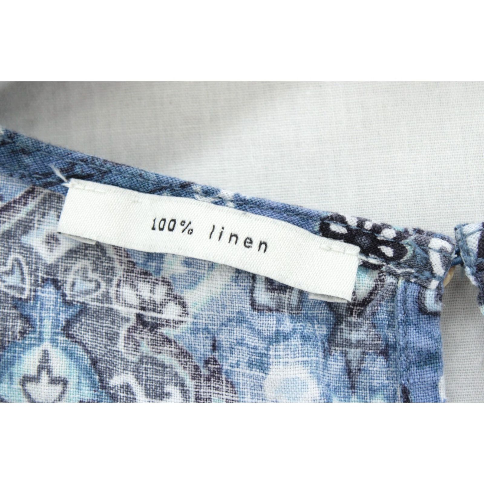 VINTAGE Rachel Zoe Sleeveless Shift Dress Womens Size L Geometric 100% Linen  Pockets Blue 34\" Back of Neck to Hem Womens - www.bongoclub.cl